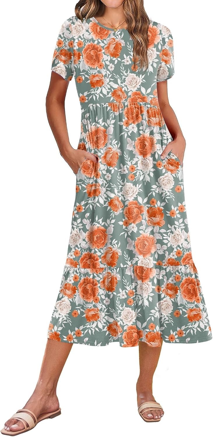 image:imageZeagoo Women Summer Midi A Line Dress Short Sleeve Casual Flowy Tiered Beach Long Sundress with Pockets 2026 Vacation TravelRed White Floral