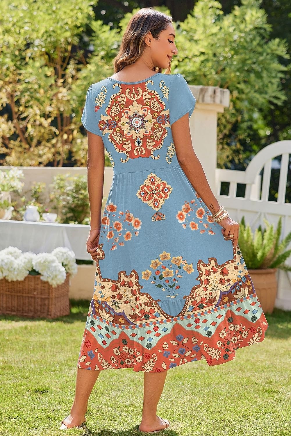 image:imageZeagoo Women Summer Midi A Line Dress Short Sleeve Casual Flowy Tiered Beach Long Sundress with Pockets 2026 Vacation TravelRetro Style