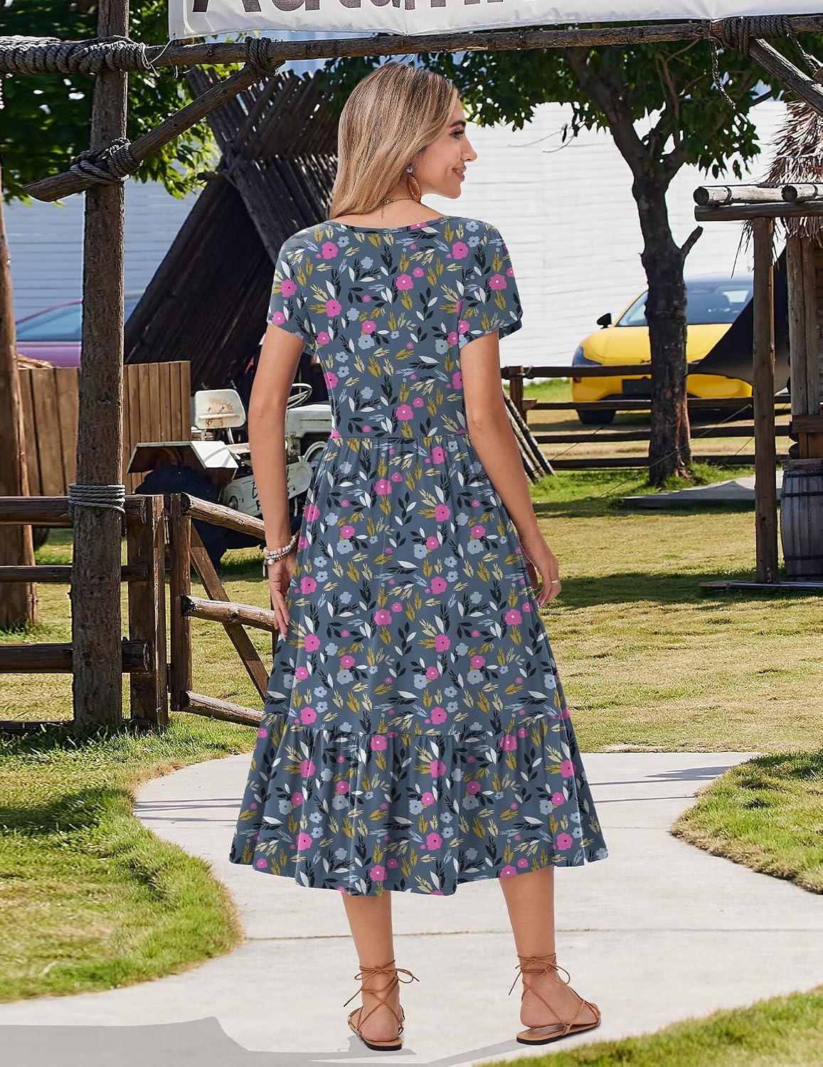 image:imageZeagoo Women Summer Midi A Line Dress Short Sleeve Casual Flowy Tiered Beach Long Sundress with Pockets 2026 Vacation TravelRose Red Floral