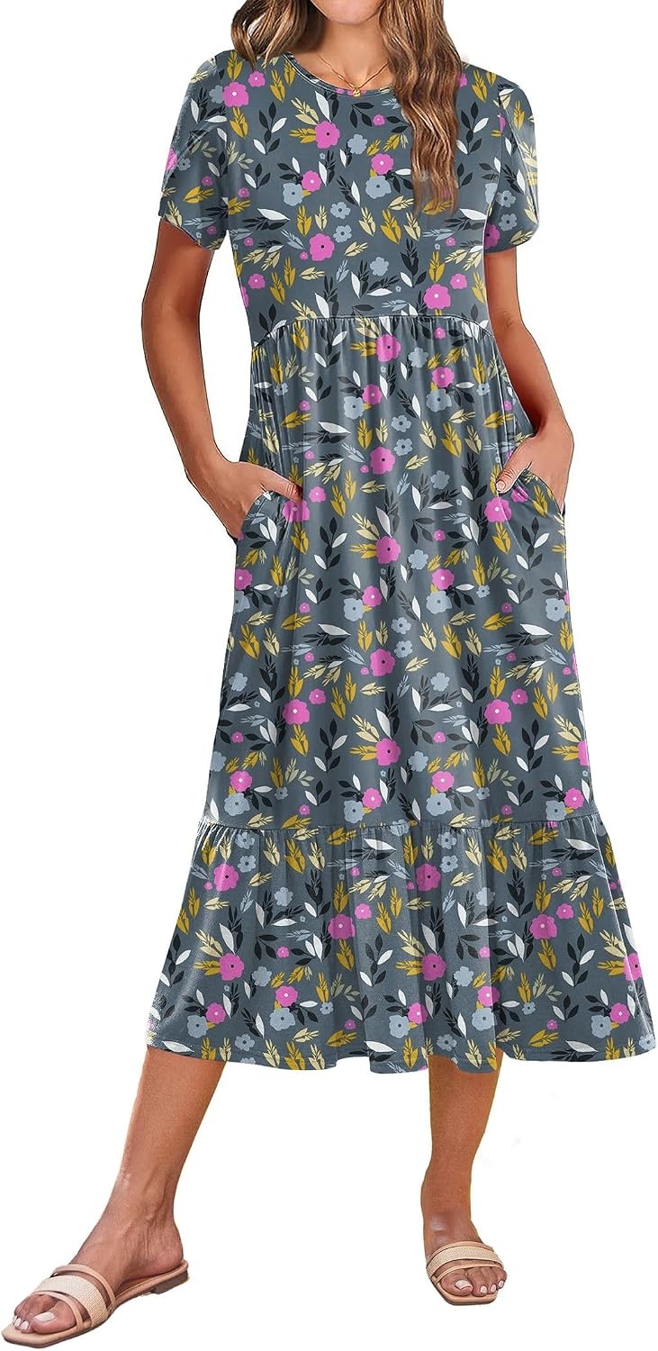 image:imageZeagoo Women Summer Midi A Line Dress Short Sleeve Casual Flowy Tiered Beach Long Sundress with Pockets 2026 Vacation TravelRose Red Floral
