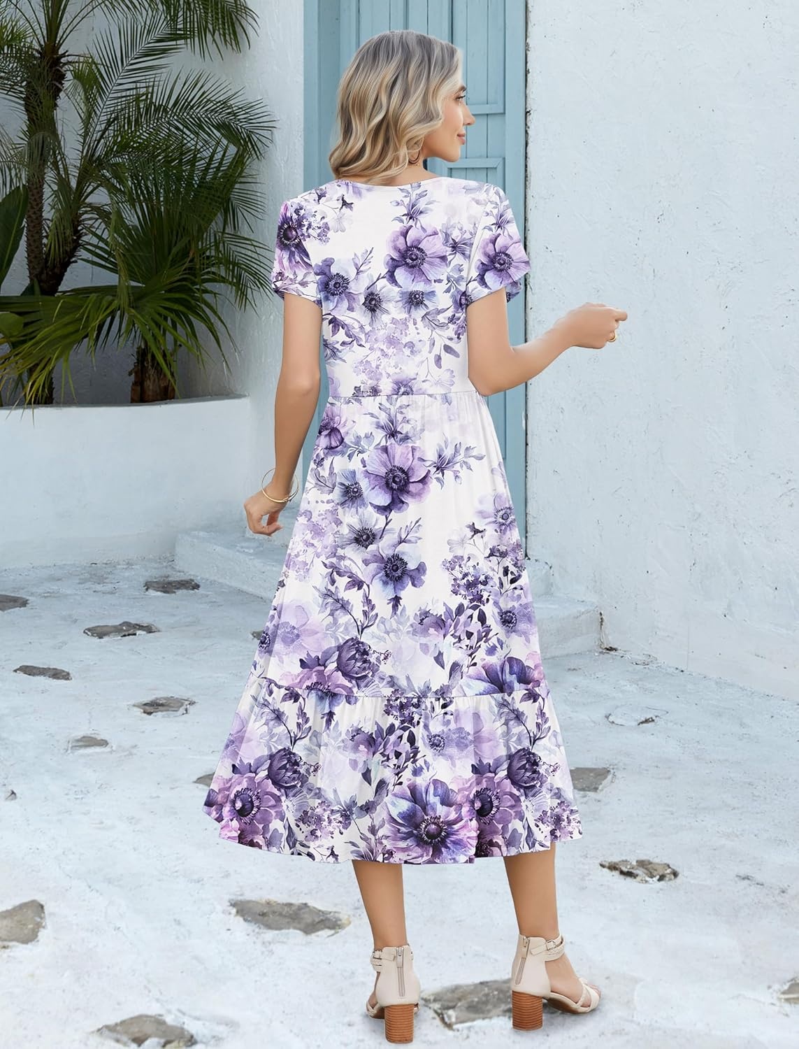 image:imageZeagoo Women Summer Midi A Line Dress Short Sleeve Casual Flowy Tiered Beach Long Sundress with Pockets 2026 Vacation TravelWf119
