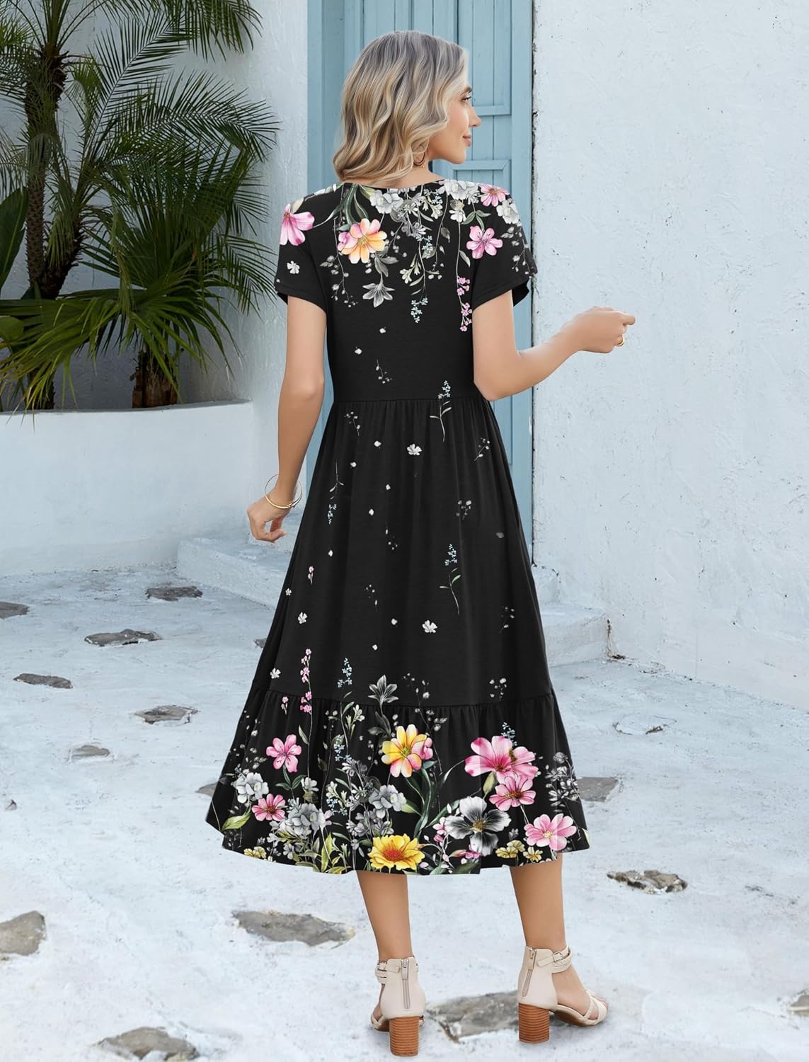 image:imageZeagoo Women Summer Midi A Line Dress Short Sleeve Casual Flowy Tiered Beach Long Sundress with Pockets 2026 Vacation TravelWf120