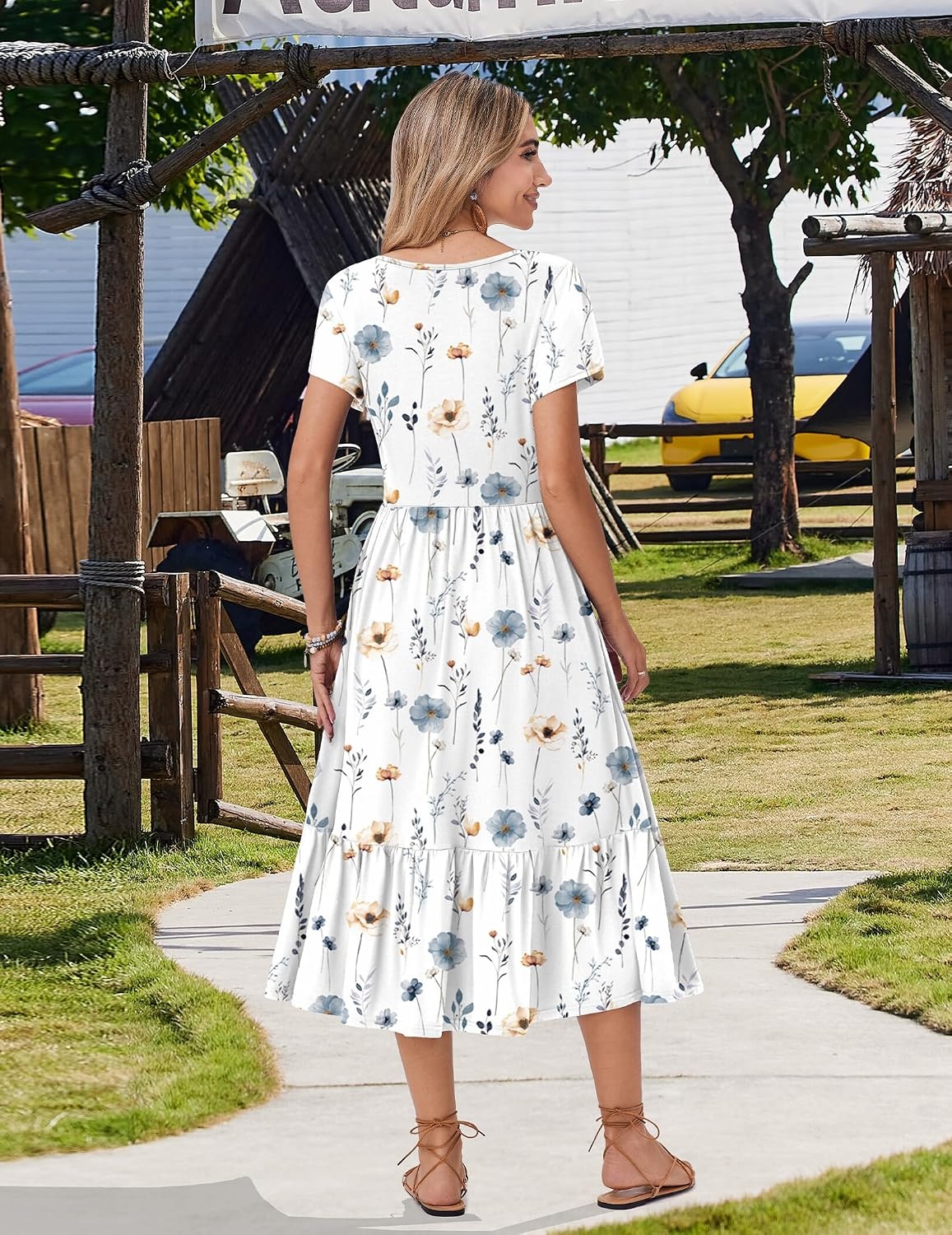 image:imageZeagoo Women Summer Midi A Line Dress Short Sleeve Casual Flowy Tiered Beach Long Sundress with Pockets 2026 Vacation TravelWhite Floral