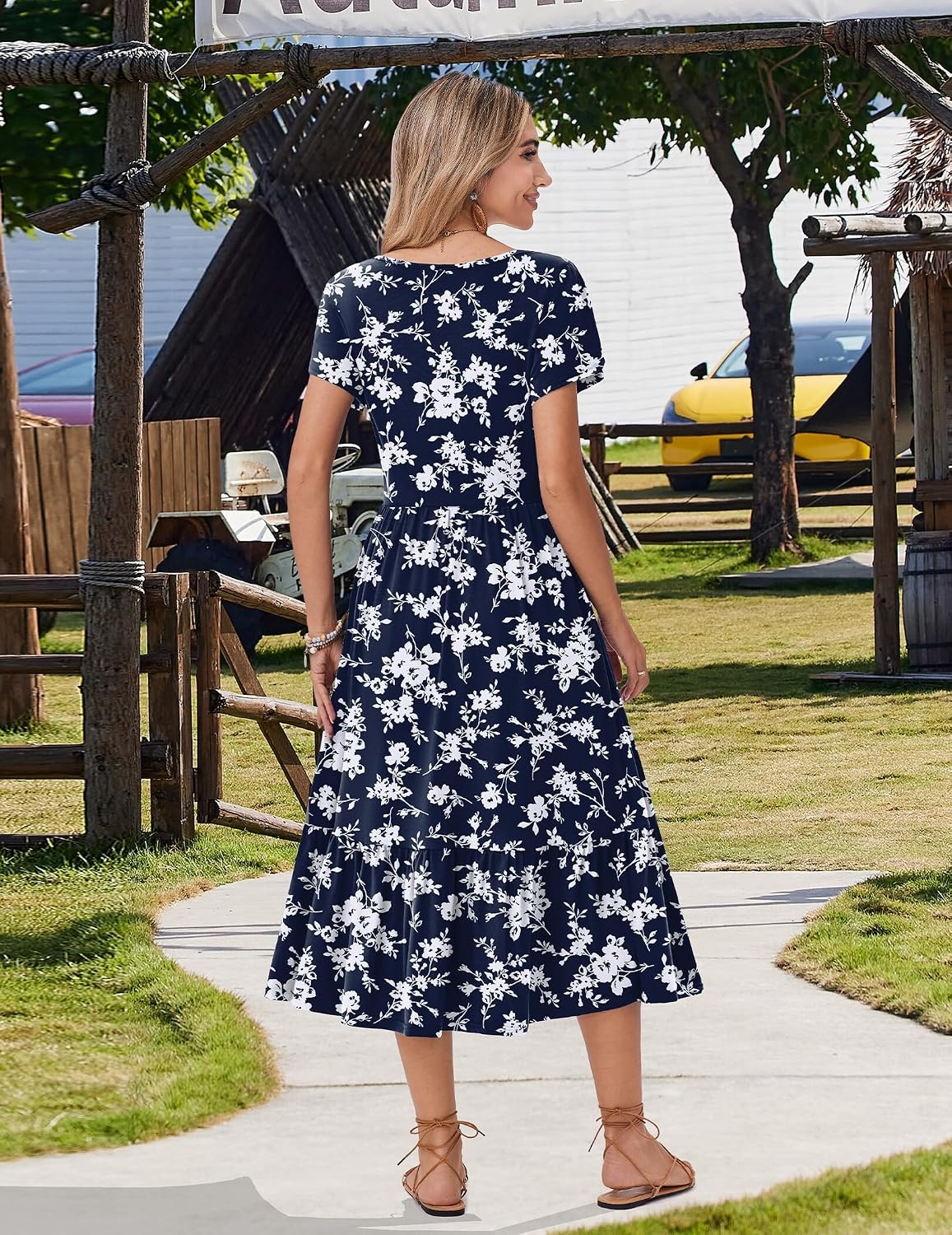 image:imageZeagoo Women Summer Midi A Line Dress Short Sleeve Casual Flowy Tiered Beach Long Sundress with Pockets 2026 Vacation TravelWhite Floral2