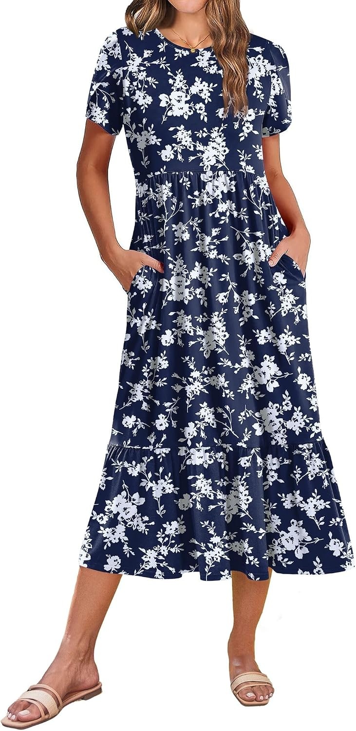 image:imageZeagoo Women Summer Midi A Line Dress Short Sleeve Casual Flowy Tiered Beach Long Sundress with Pockets 2026 Vacation TravelWhite Floral2