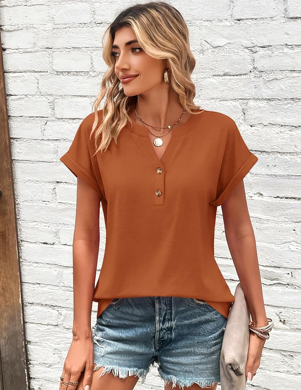 image:imageZeagoo Women Tops Short Sleeve T Shirts V Neck Dressy Casual Work BlousesCaramel