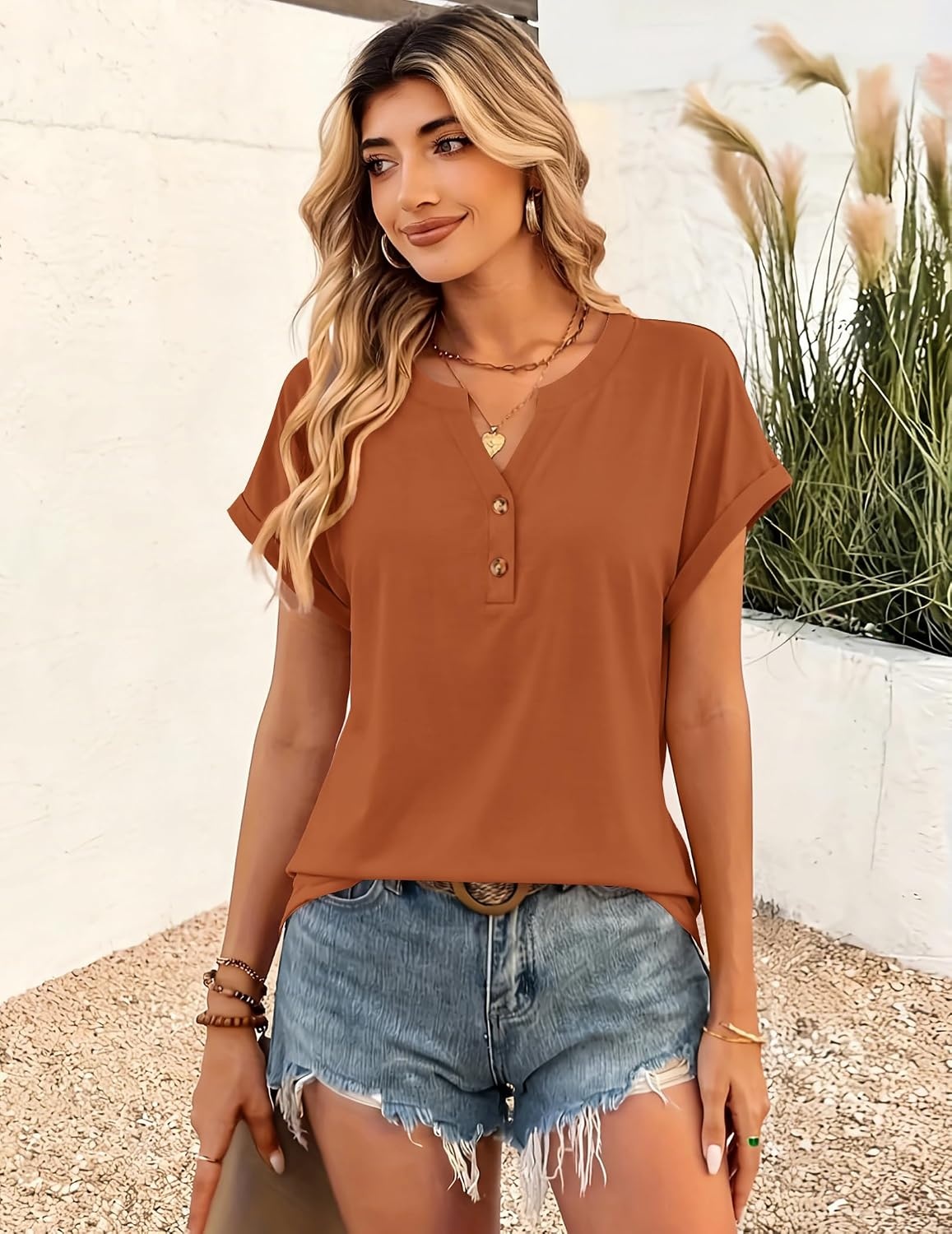 image:imageZeagoo Women Tops Short Sleeve T Shirts V Neck Dressy Casual Work BlousesCaramel