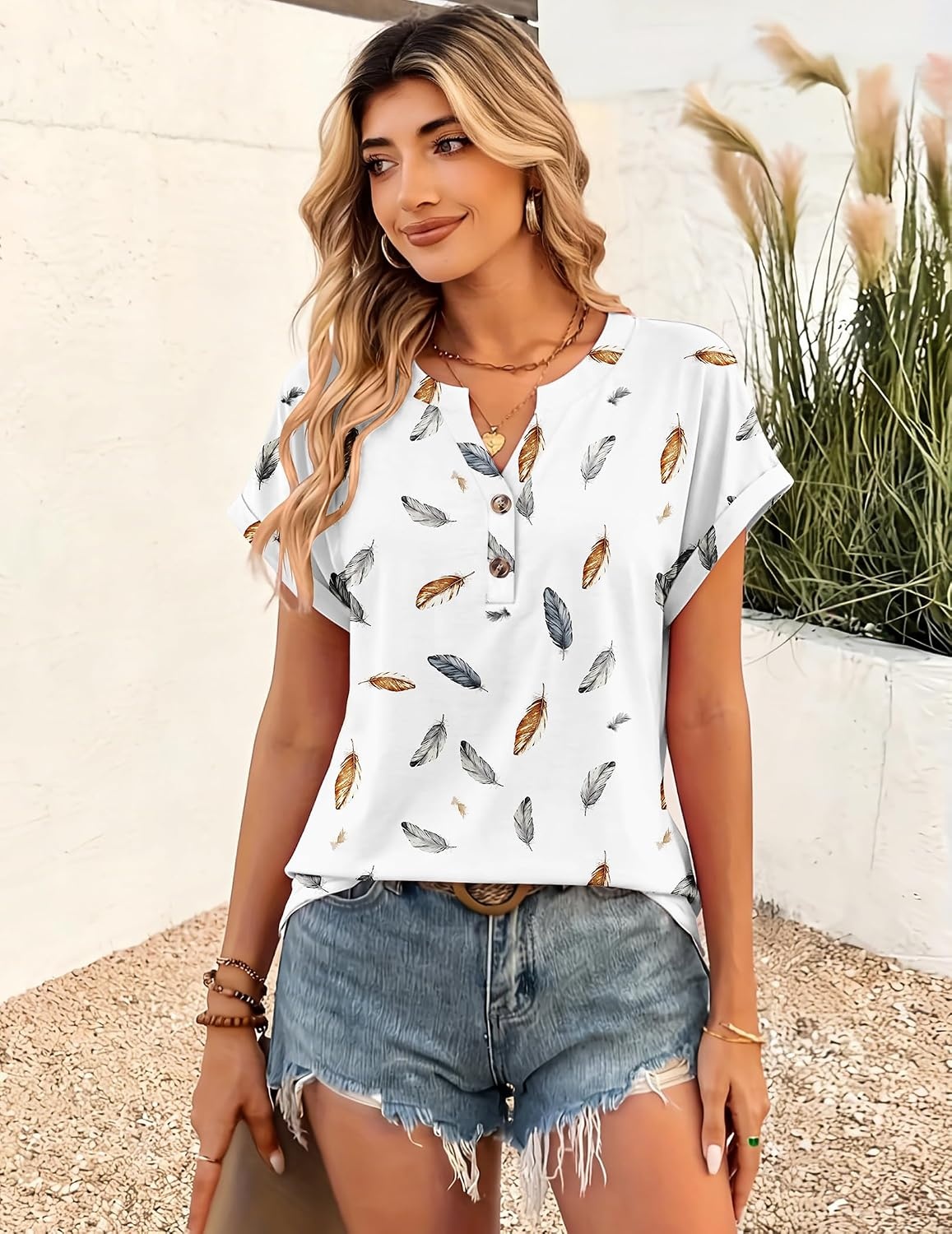 image:imageZeagoo Women Tops Short Sleeve T Shirts V Neck Dressy Casual Work BlousesDw170feather