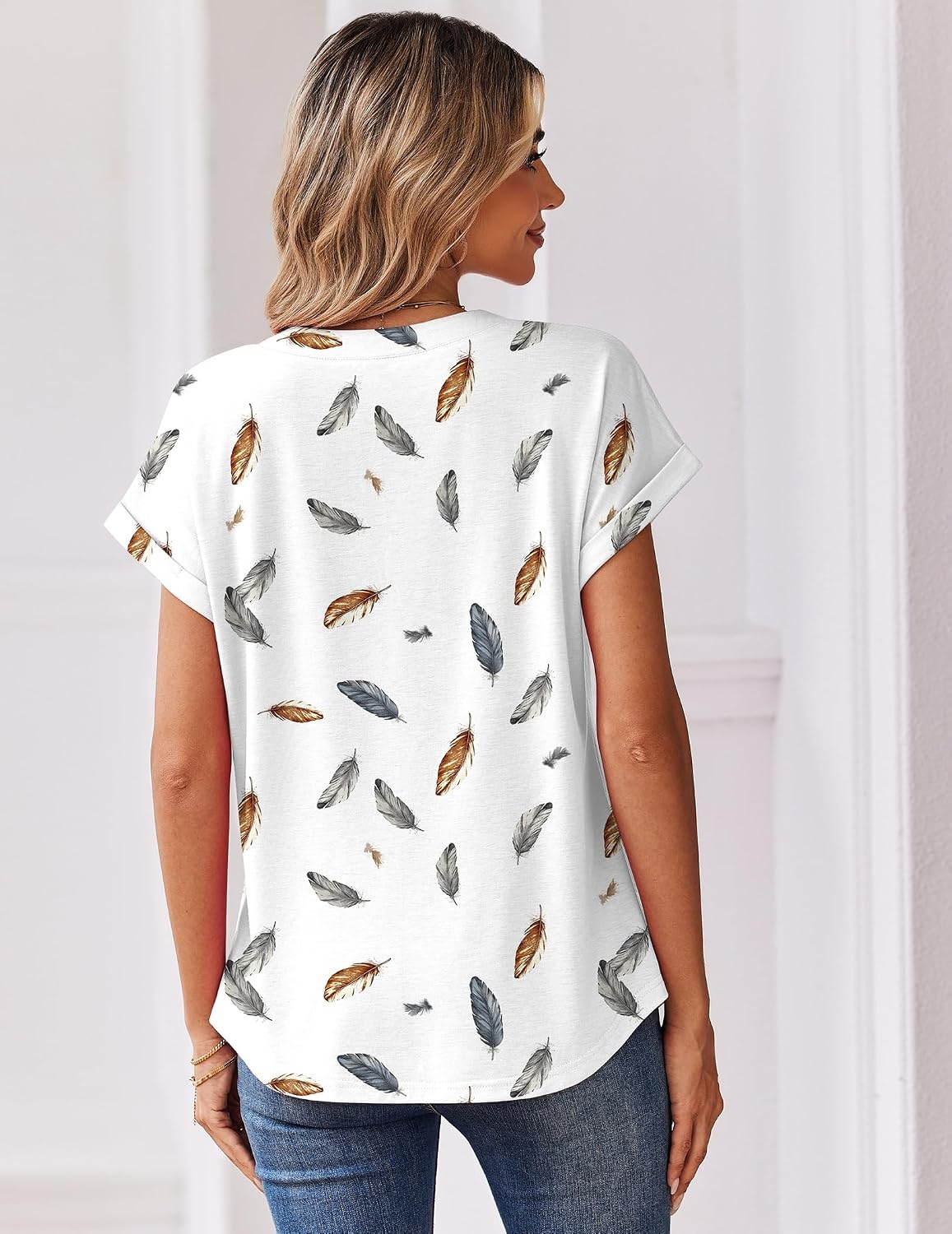 image:imageZeagoo Women Tops Short Sleeve T Shirts V Neck Dressy Casual Work BlousesDw170feather