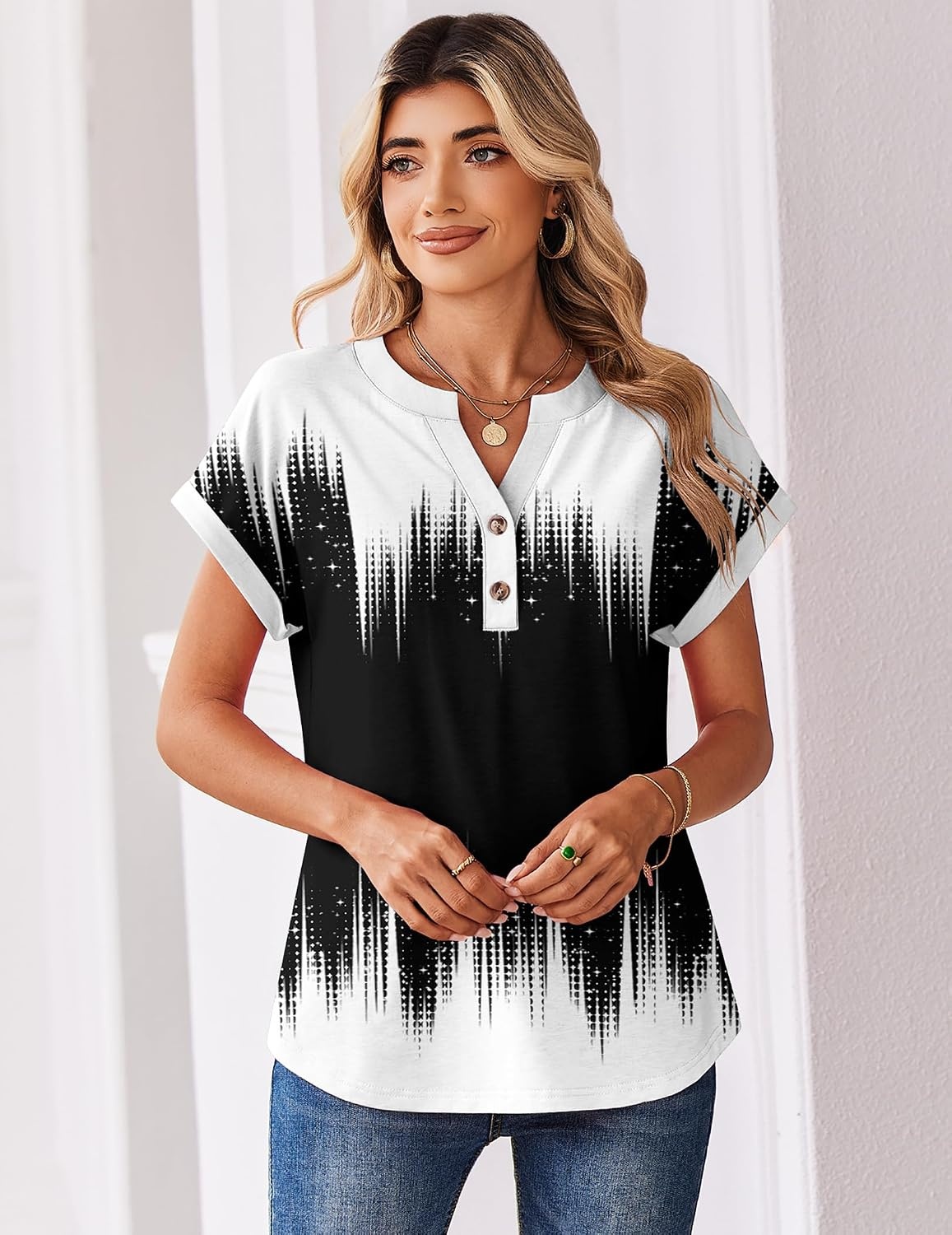 image:imageZeagoo Women Tops Short Sleeve T Shirts V Neck Dressy Casual Work BlousesJb204black White