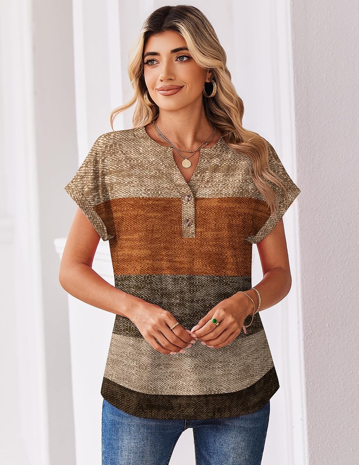 image:imageZeagoo Women Tops Short Sleeve T Shirts V Neck Dressy Casual Work BlousesJh398geometric