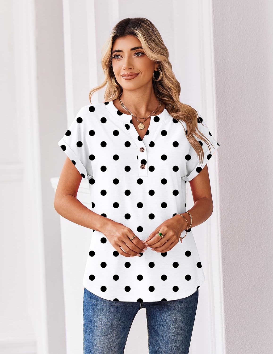 image:imageZeagoo Women Tops Short Sleeve T Shirts V Neck Dressy Casual Work BlousesJh592polka Dots