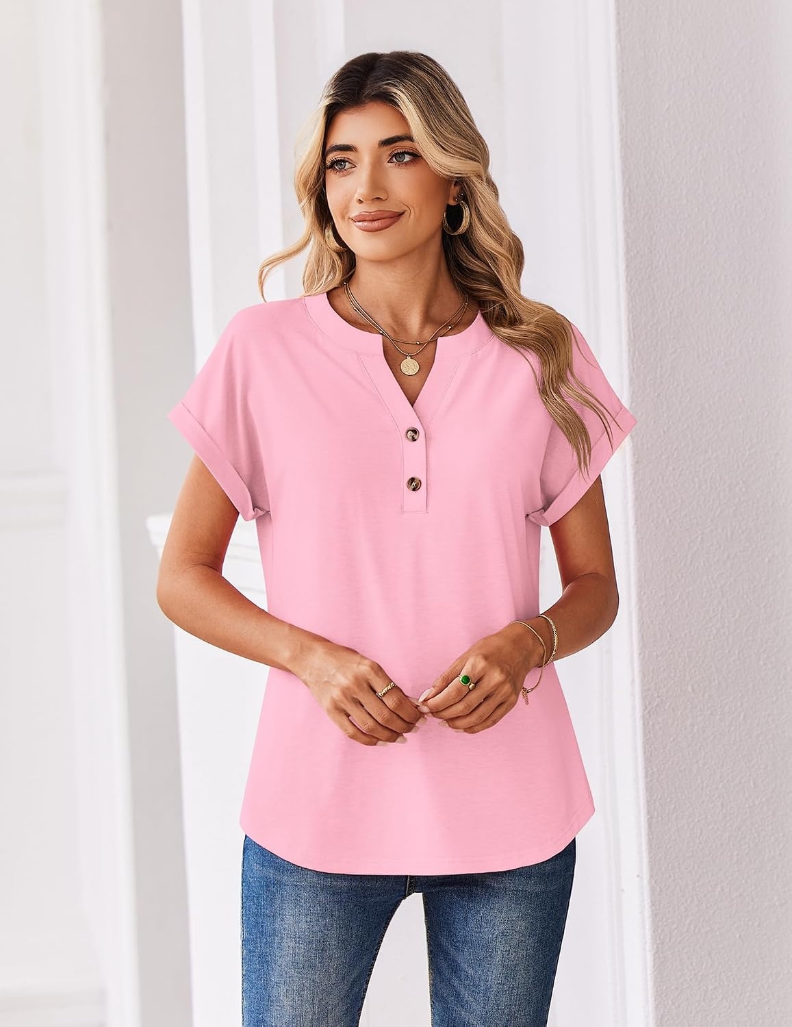 image:imageZeagoo Women Tops Short Sleeve T Shirts V Neck Dressy Casual Work BlousesLight Pink