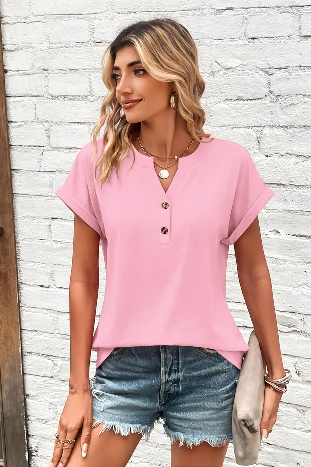 image:imageZeagoo Women Tops Short Sleeve T Shirts V Neck Dressy Casual Work BlousesLight Pink