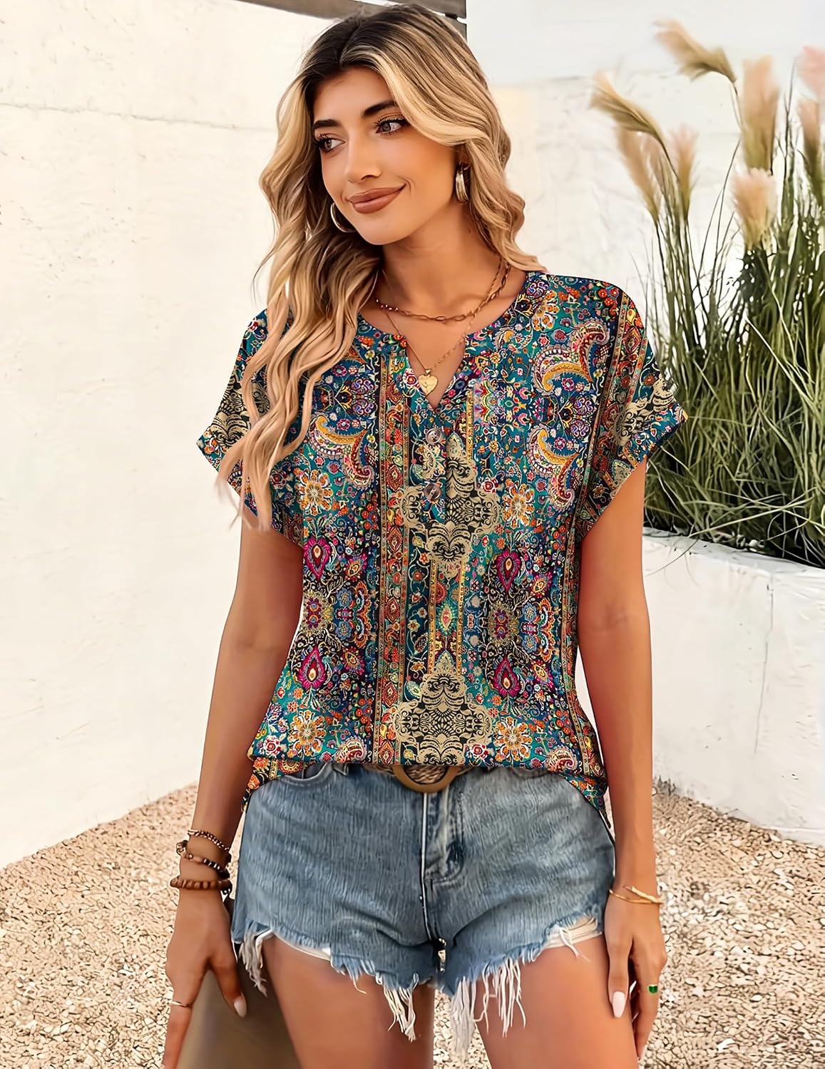image:imageZeagoo Women Tops Short Sleeve T Shirts V Neck Dressy Casual Work BlousesMz721multicolored