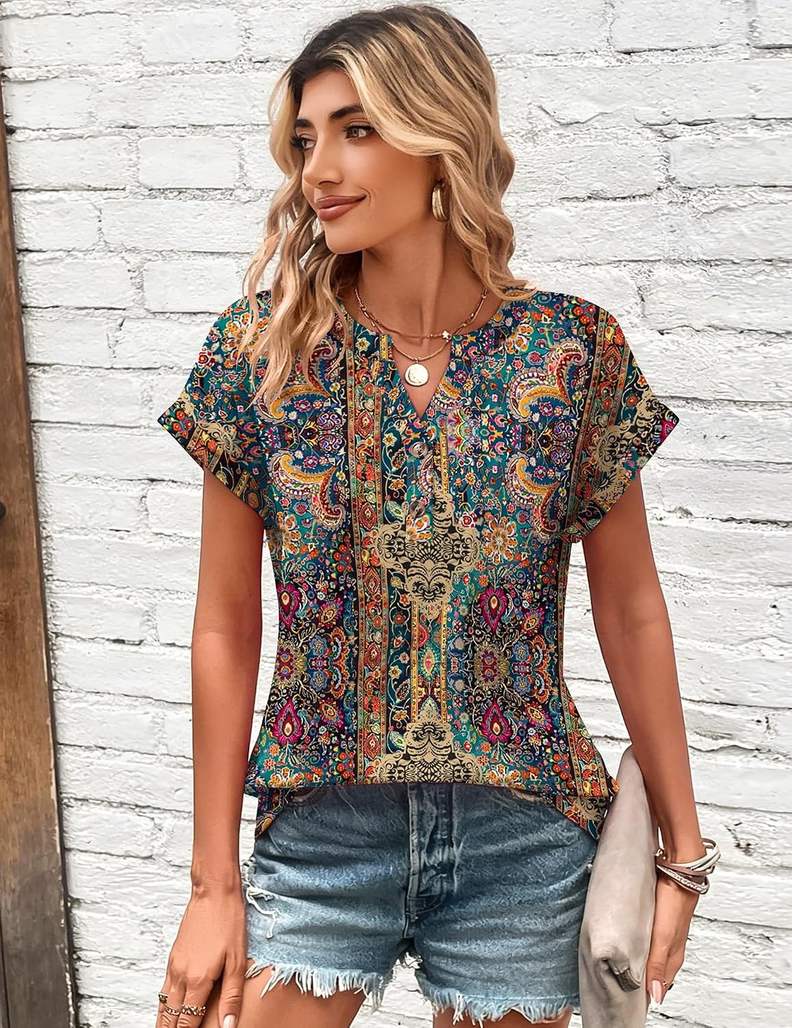 image:imageZeagoo Women Tops Short Sleeve T Shirts V Neck Dressy Casual Work BlousesMz721multicolored