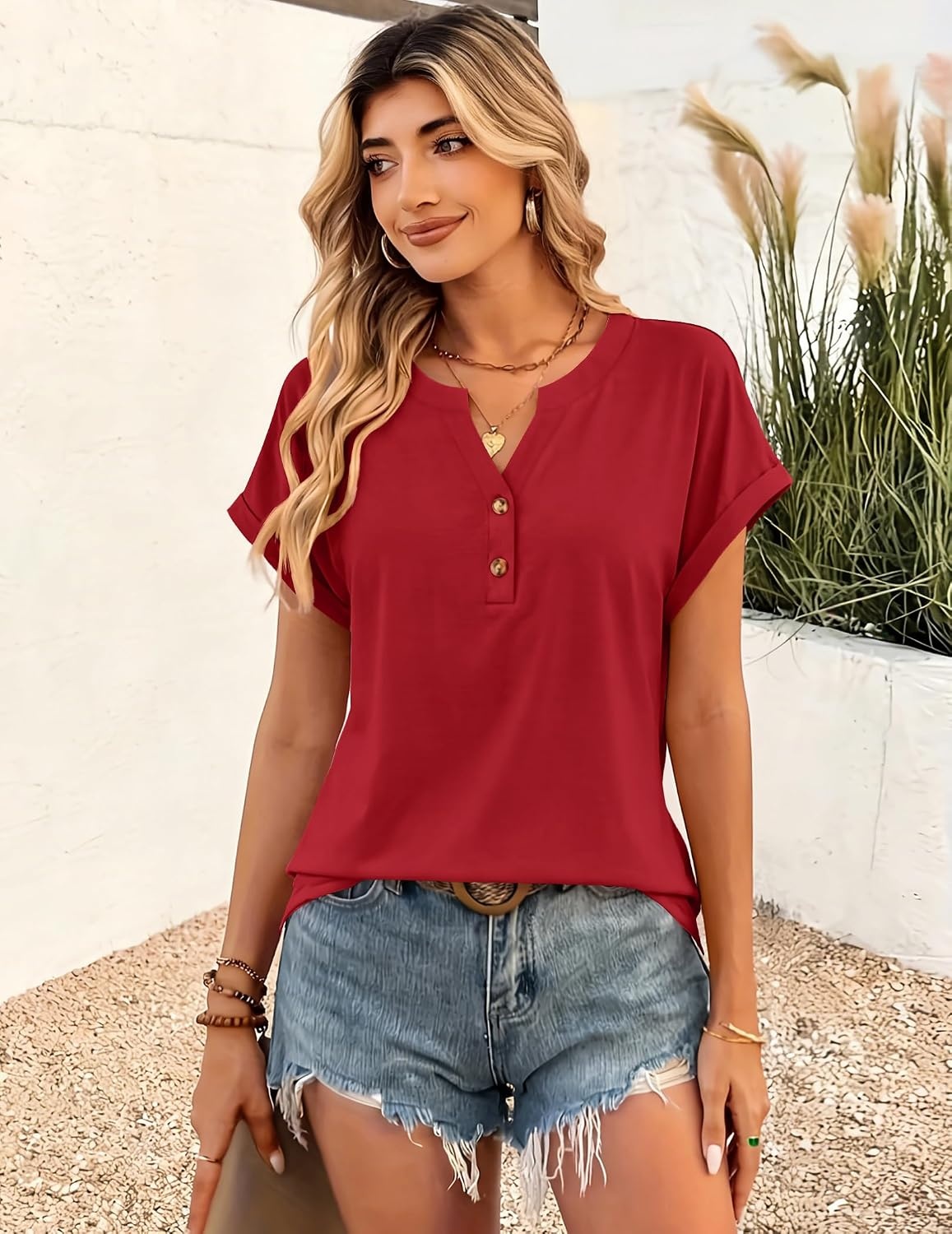 image:imageZeagoo Women Tops Short Sleeve T Shirts V Neck Dressy Casual Work BlousesRed