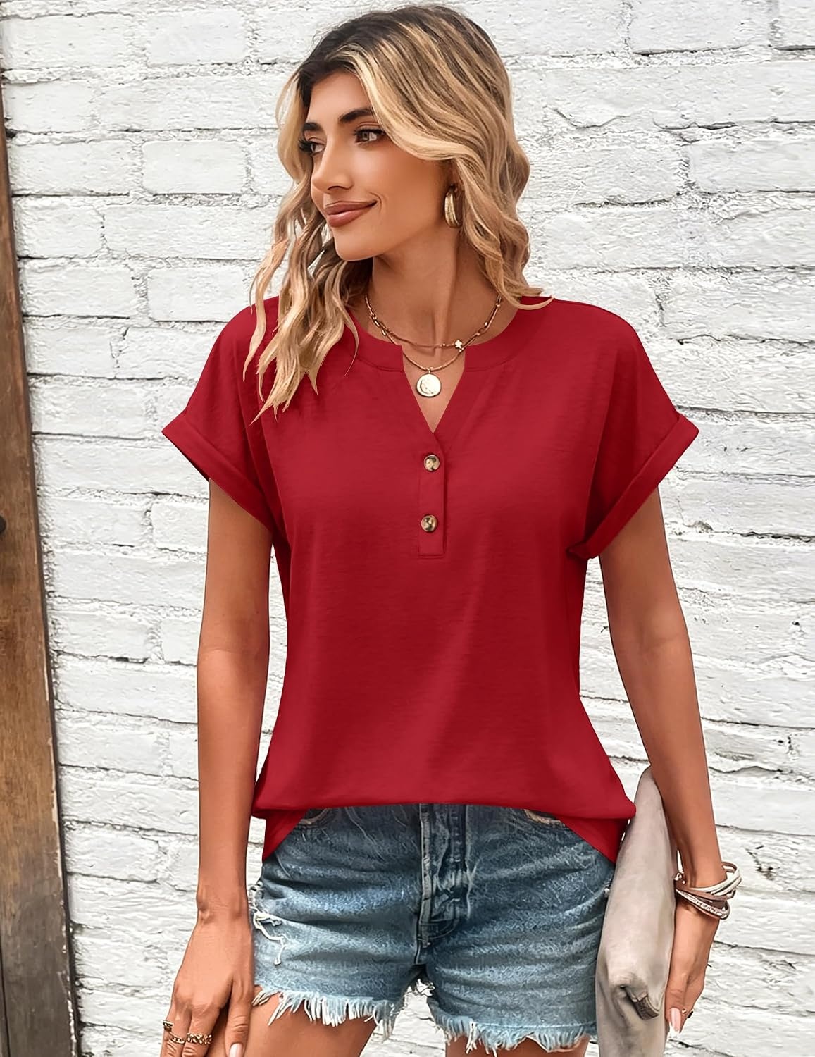 image:imageZeagoo Women Tops Short Sleeve T Shirts V Neck Dressy Casual Work BlousesRed