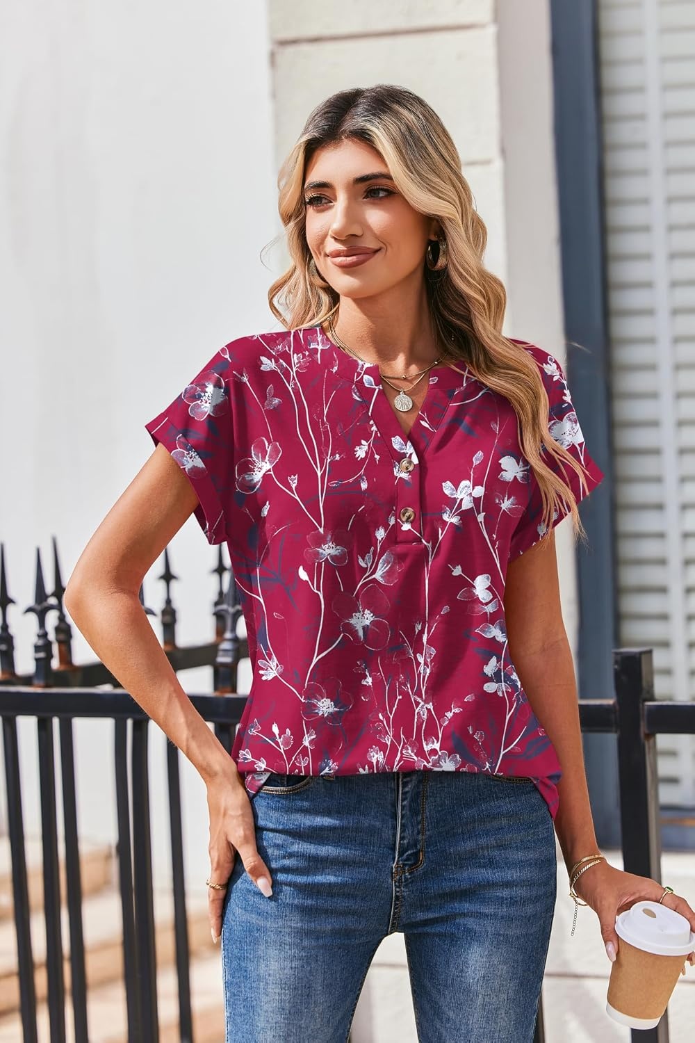 image:imageZeagoo Women Tops Short Sleeve T Shirts V Neck Dressy Casual Work BlousesSf243rose Red