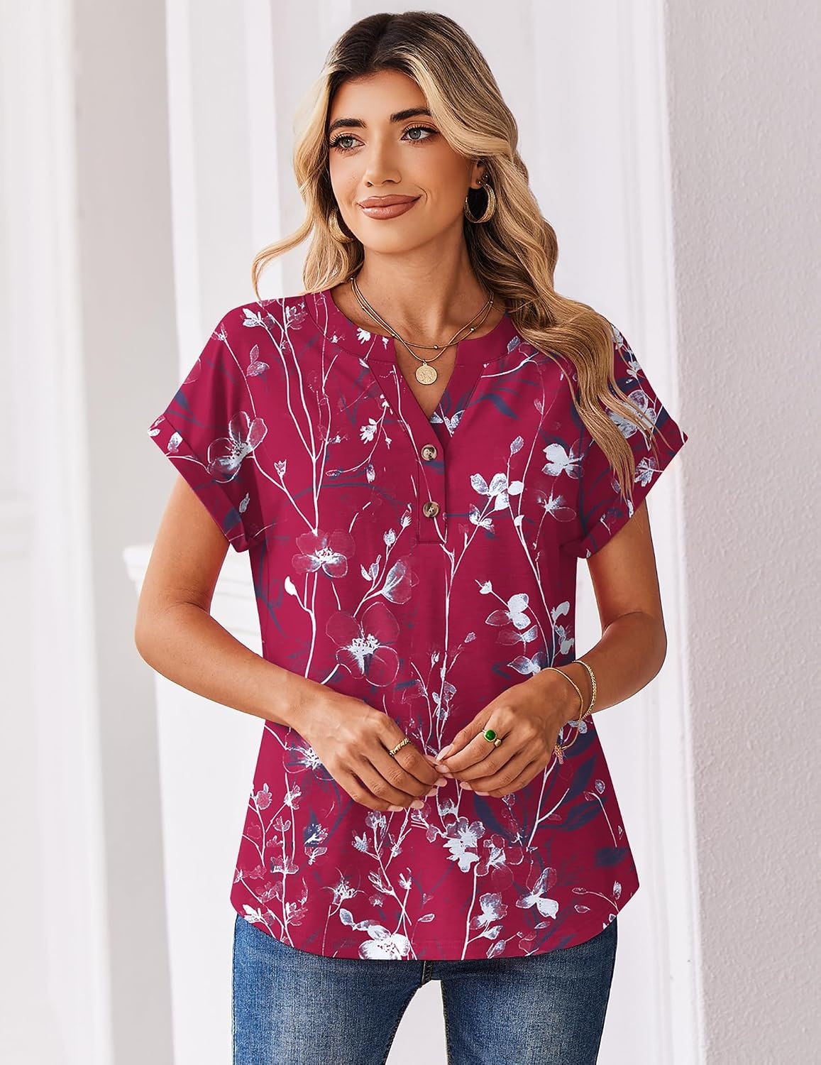 image:imageZeagoo Women Tops Short Sleeve T Shirts V Neck Dressy Casual Work BlousesSf243rose Red
