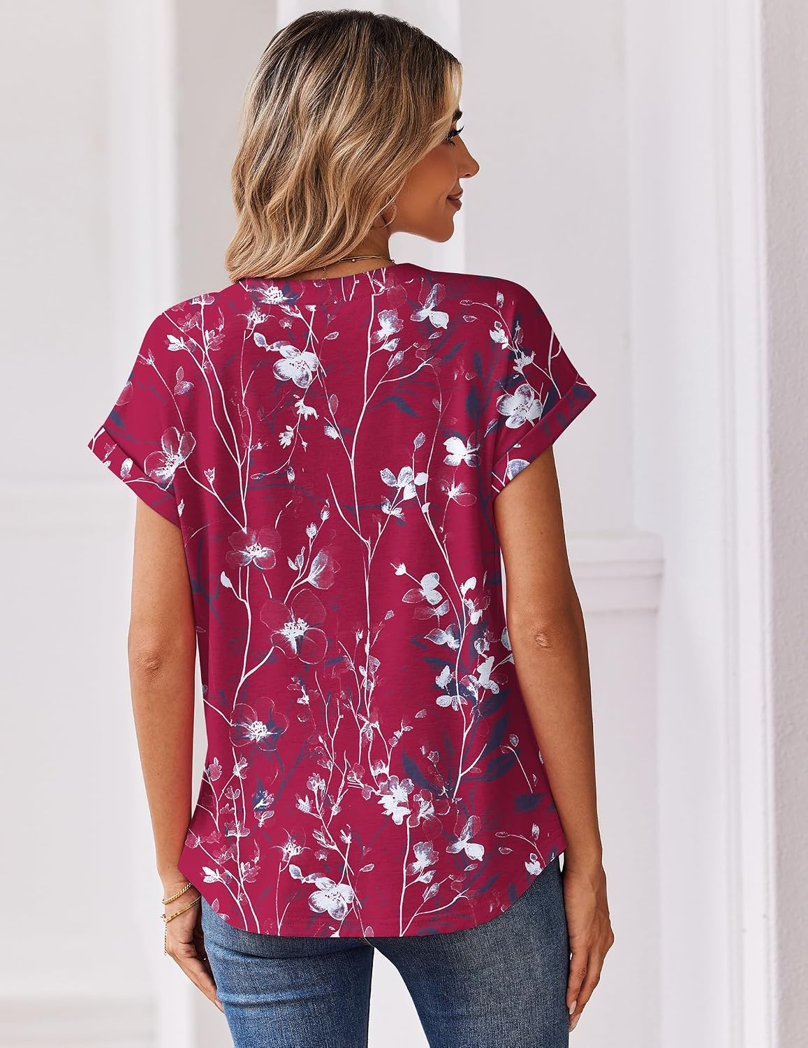image:imageZeagoo Women Tops Short Sleeve T Shirts V Neck Dressy Casual Work BlousesSf243rose Red