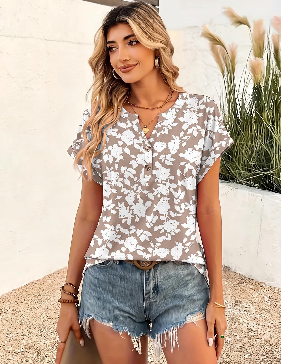 image:imageZeagoo Women Tops Short Sleeve T Shirts V Neck Dressy Casual Work BlousesSf295beige