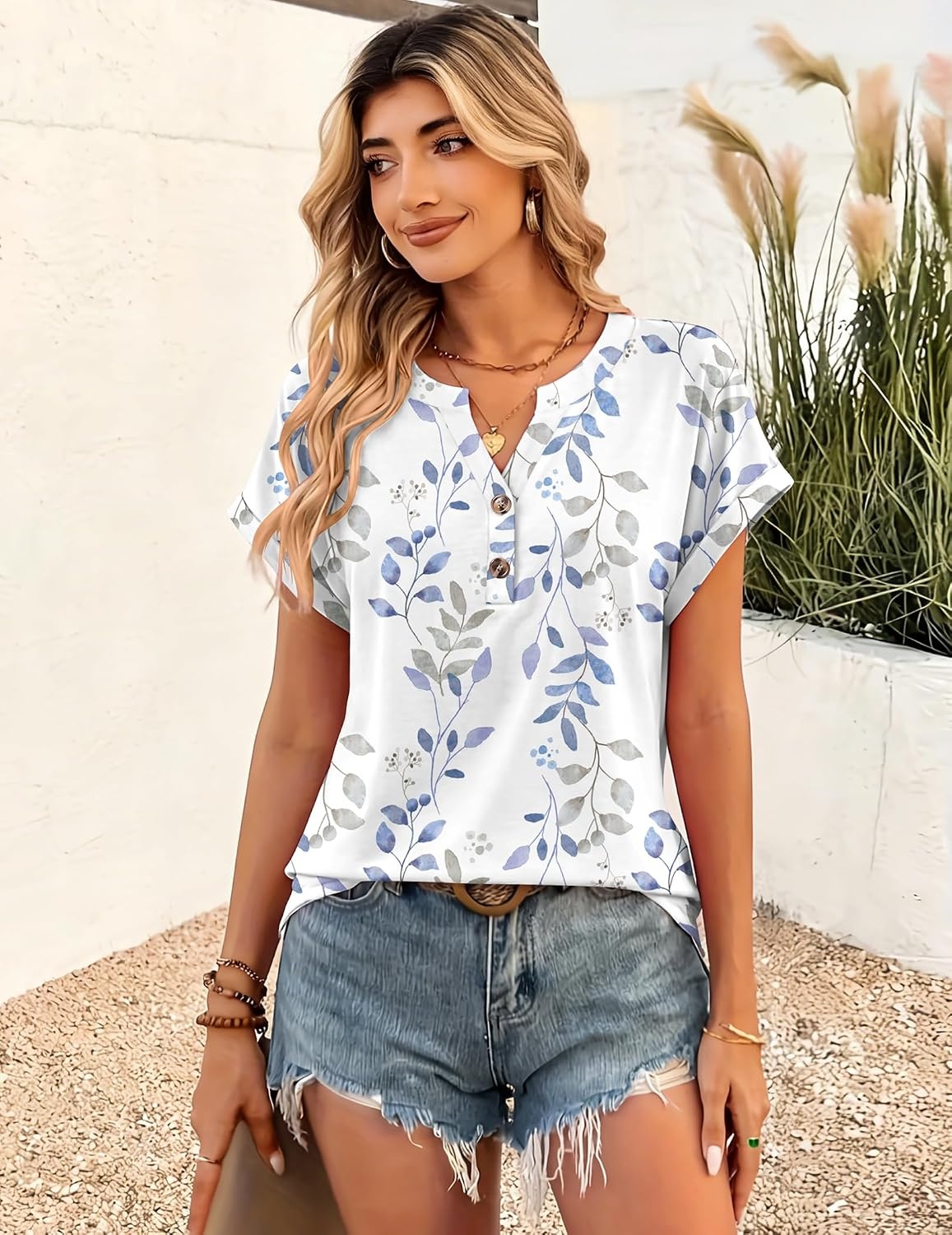 image:imageZeagoo Women Tops Short Sleeve T Shirts V Neck Dressy Casual Work BlousesSp106leaves
