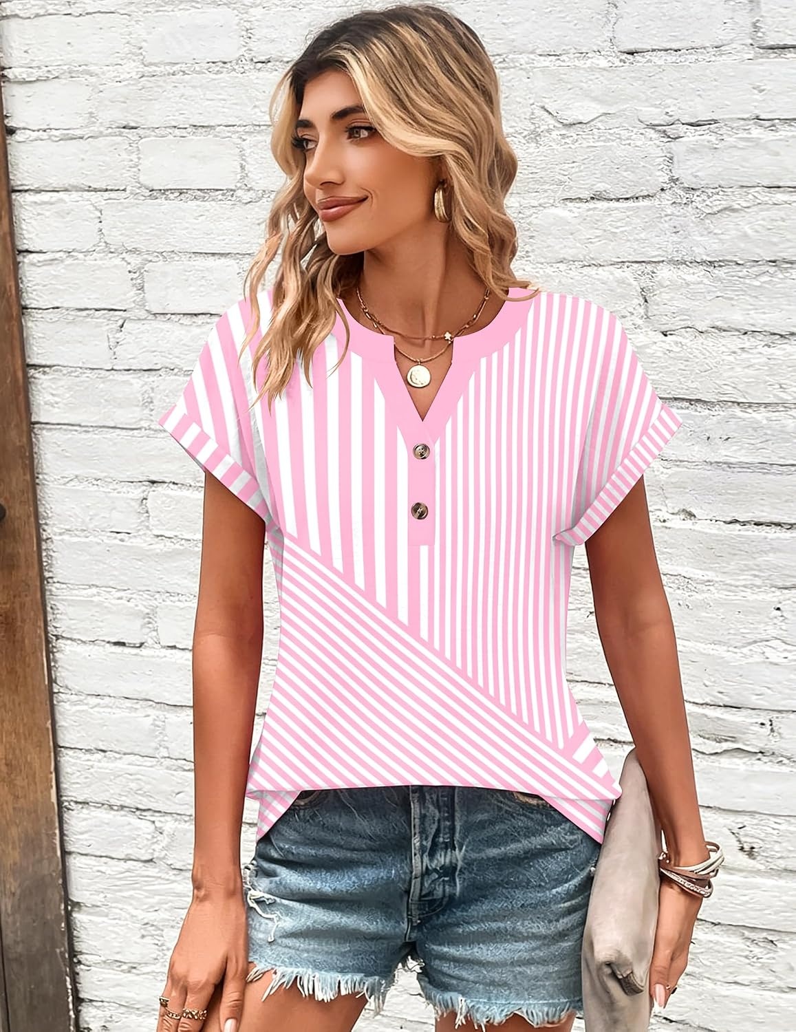 image:imageZeagoo Women Tops Short Sleeve T Shirts V Neck Dressy Casual Work BlousesTz300pink