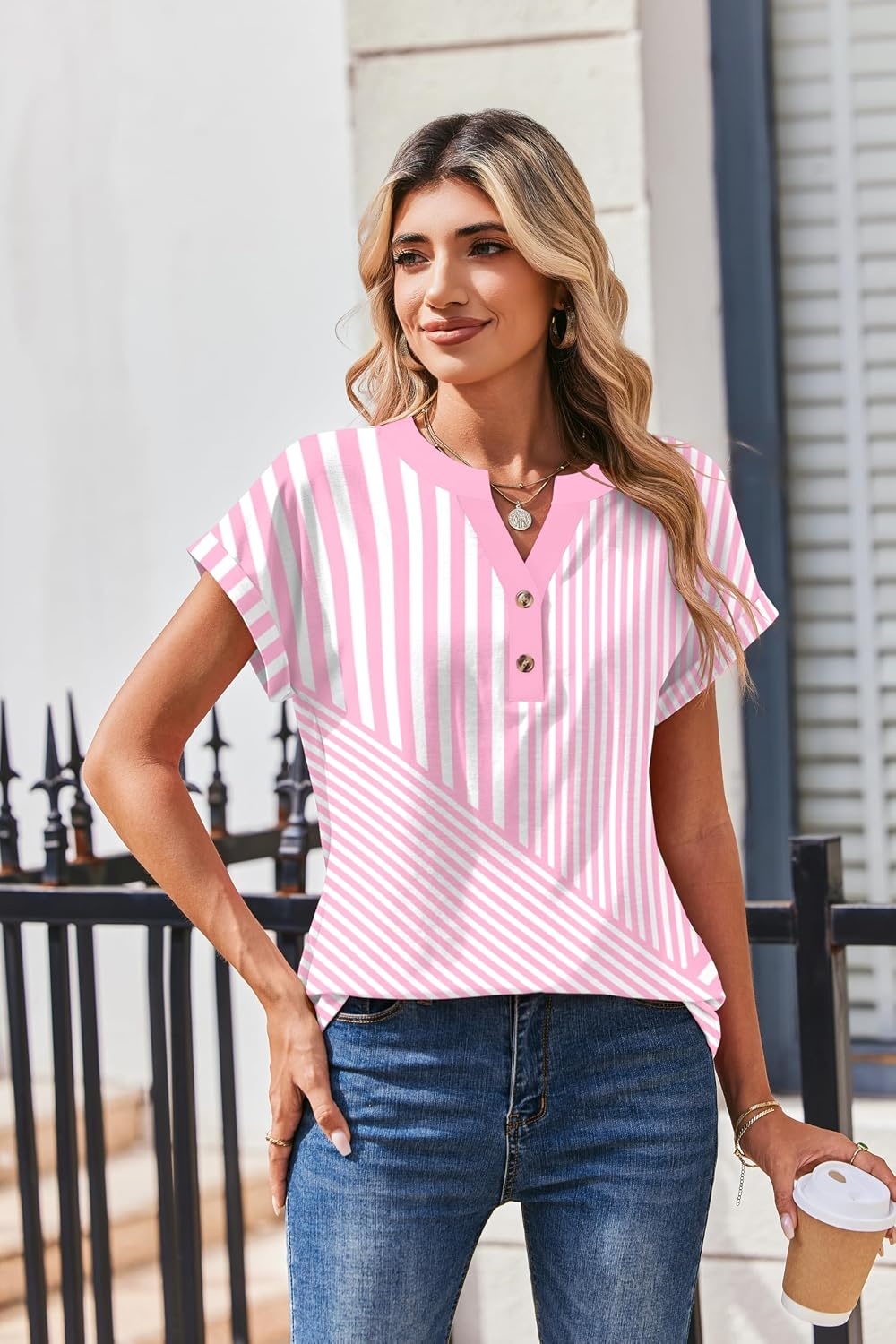 image:imageZeagoo Women Tops Short Sleeve T Shirts V Neck Dressy Casual Work BlousesTz300pink