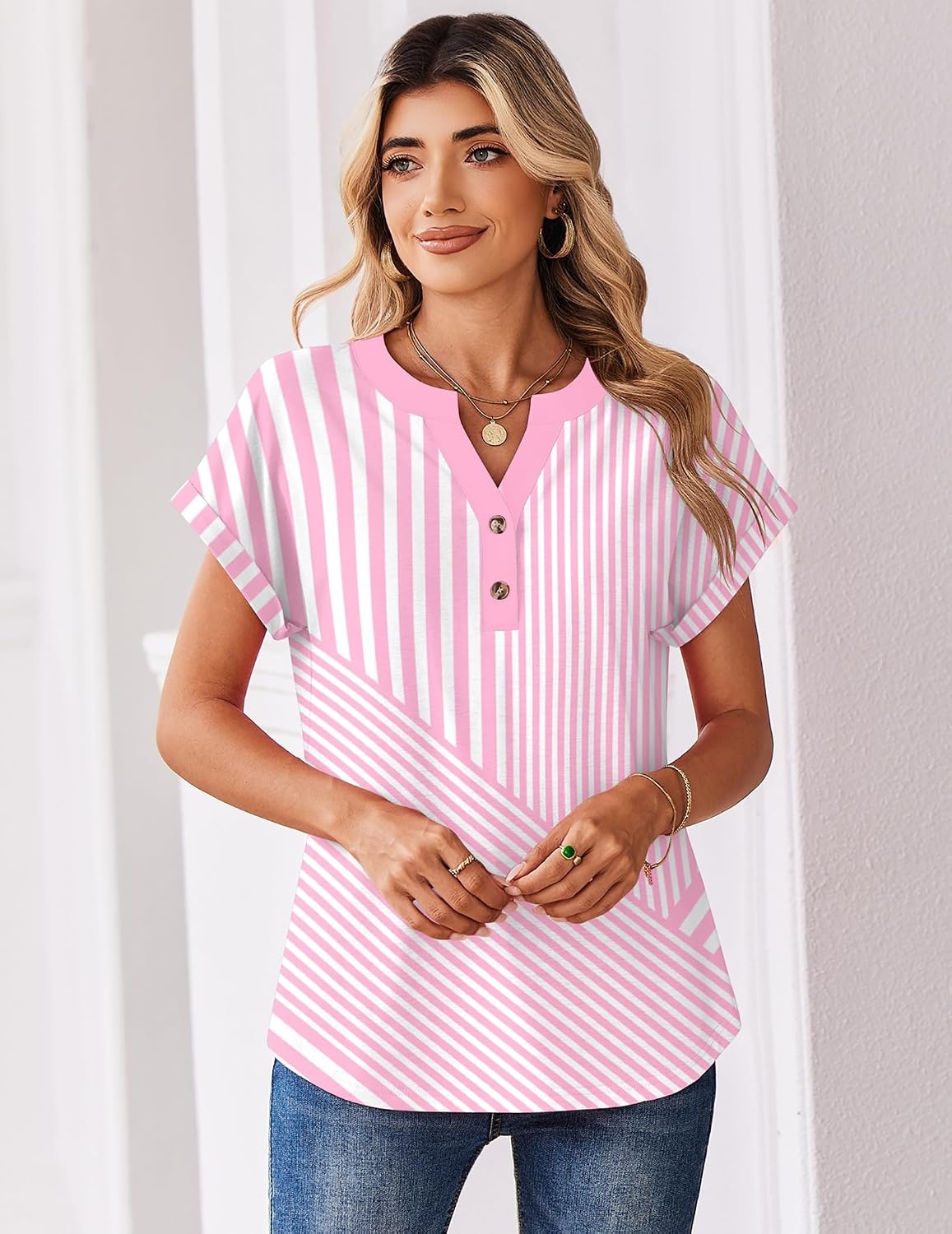image:imageZeagoo Women Tops Short Sleeve T Shirts V Neck Dressy Casual Work BlousesTz300pink