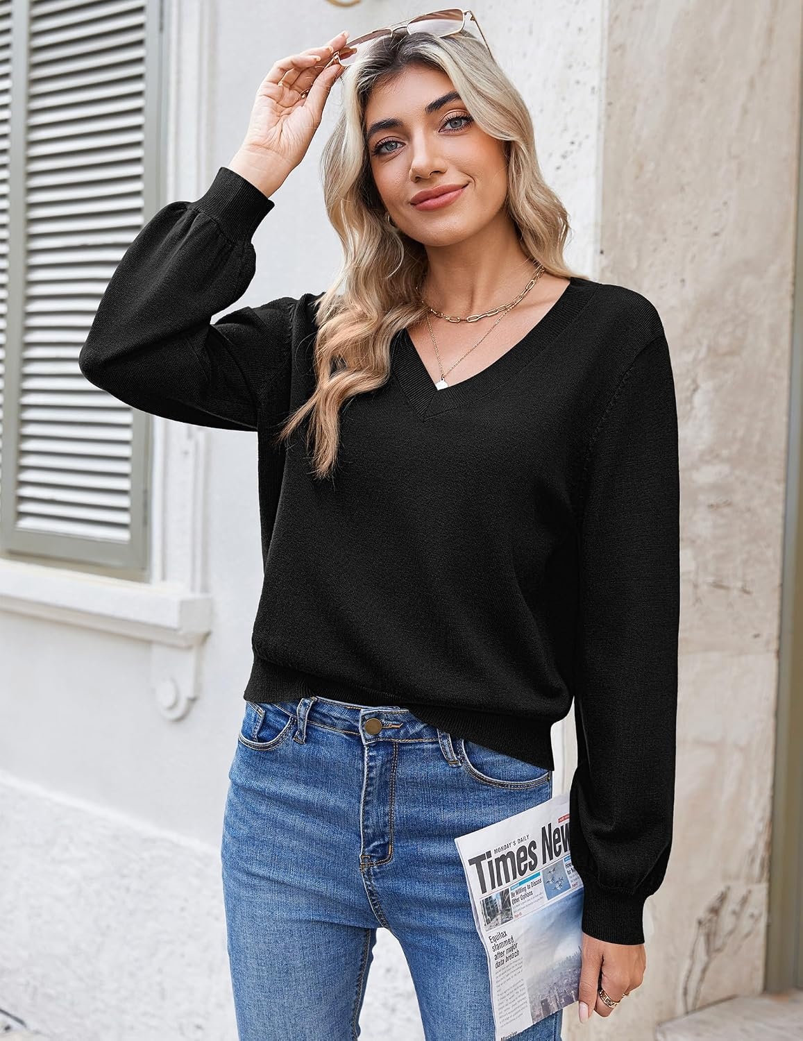 image:imageZeagoo Women VNeck Cropped Sweater Fall Long Sleeve Knit Pullover TopsBlack