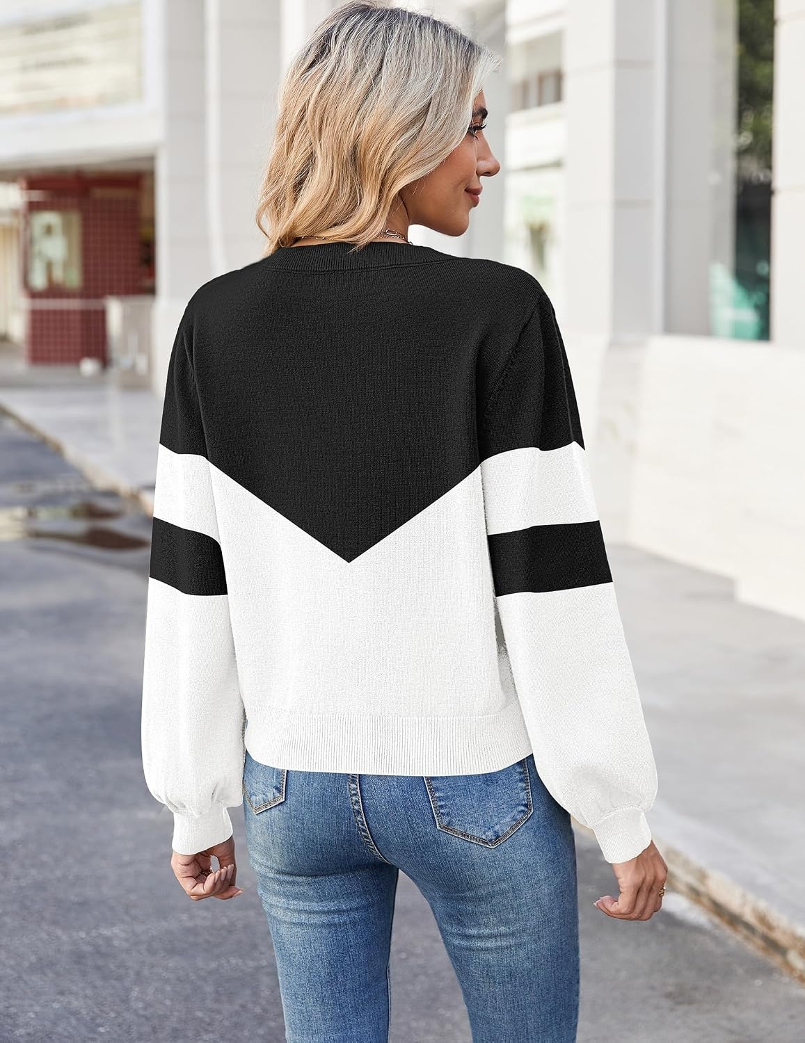 image:imageZeagoo Women VNeck Cropped Sweater Fall Long Sleeve Knit Pullover TopsBlack White