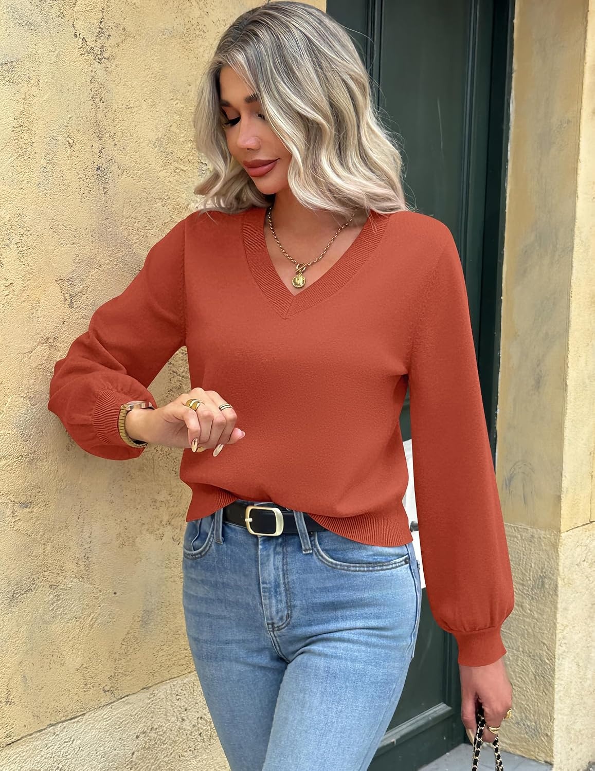 image:imageZeagoo Women VNeck Cropped Sweater Fall Long Sleeve Knit Pullover TopsBrick Red