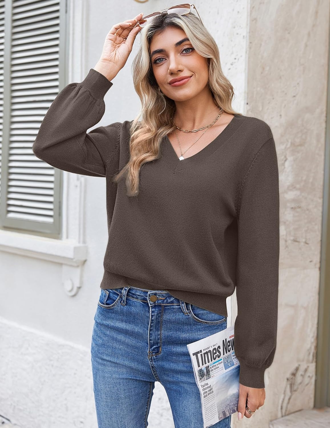 image:imageZeagoo Women VNeck Cropped Sweater Fall Long Sleeve Knit Pullover TopsBrown