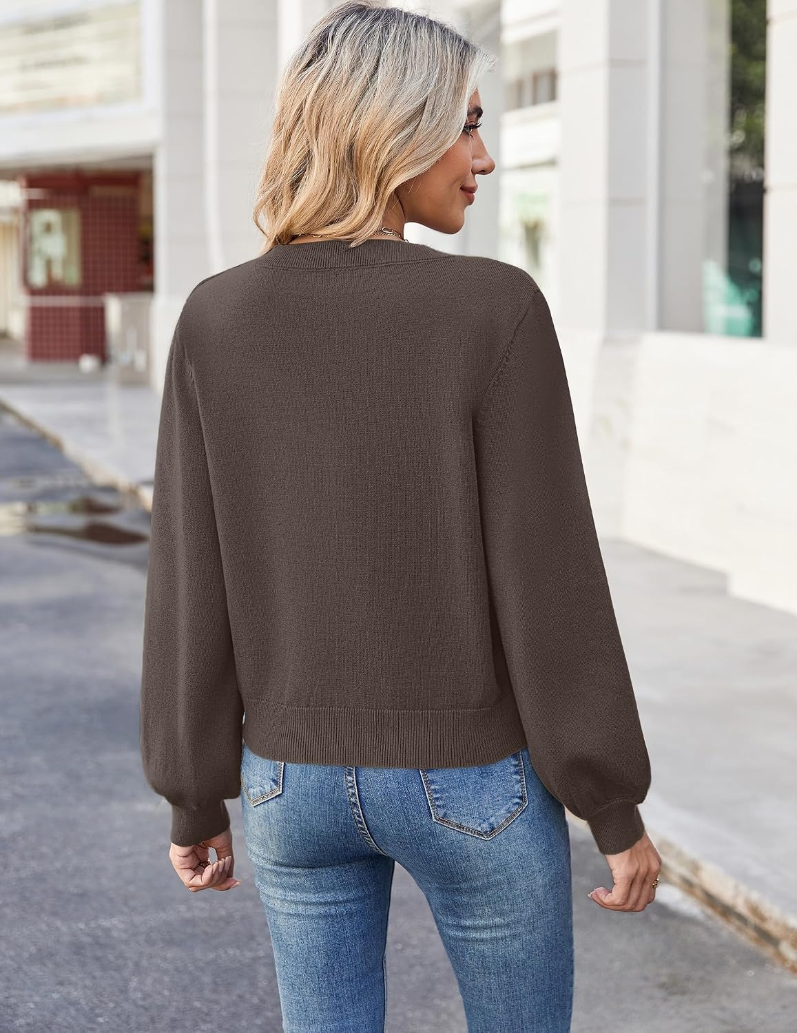 image:imageZeagoo Women VNeck Cropped Sweater Fall Long Sleeve Knit Pullover TopsBrown