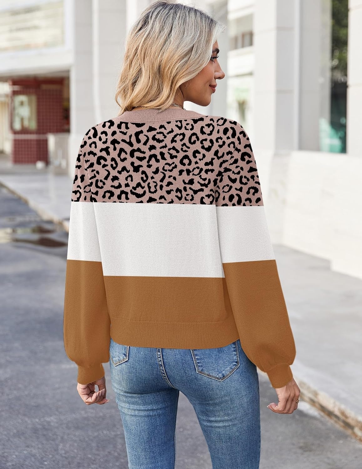 image:imageZeagoo Women VNeck Cropped Sweater Fall Long Sleeve Knit Pullover TopsBrown Leopard