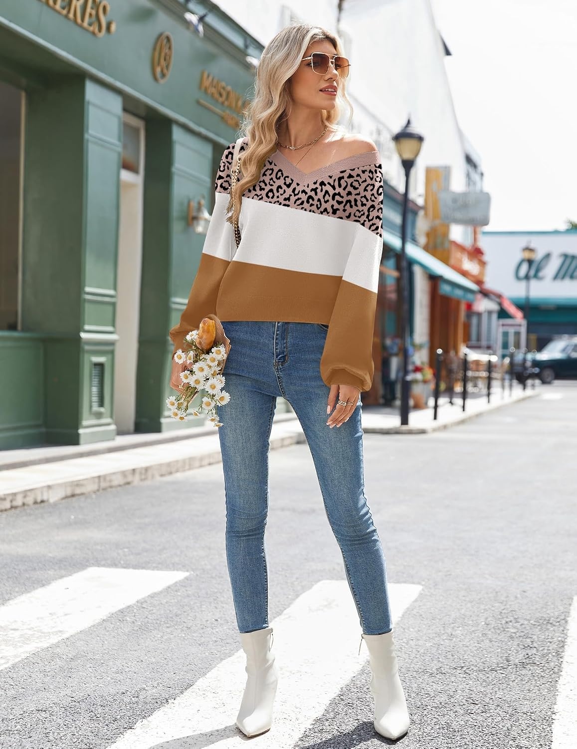 image:imageZeagoo Women VNeck Cropped Sweater Fall Long Sleeve Knit Pullover TopsBrown Leopard