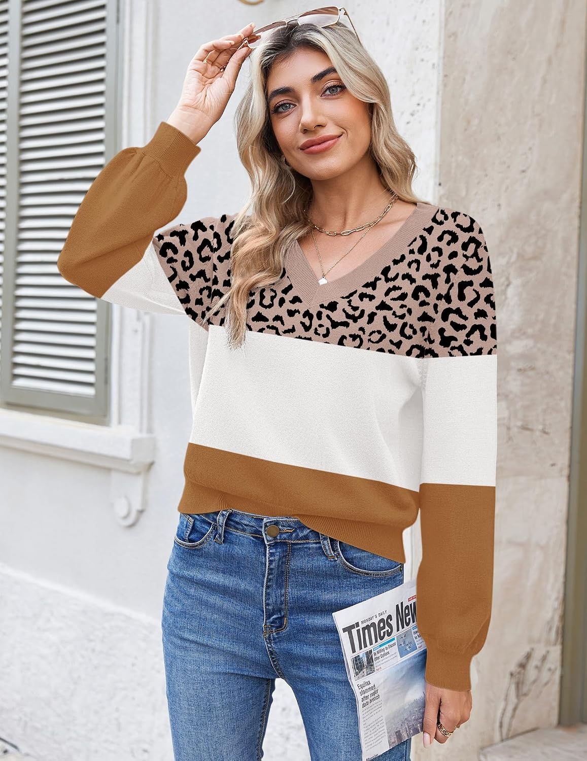 image:imageZeagoo Women VNeck Cropped Sweater Fall Long Sleeve Knit Pullover TopsBrown Leopard