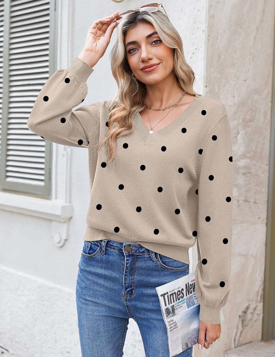 image:imageZeagoo Women VNeck Cropped Sweater Fall Long Sleeve Knit Pullover TopsDot Khaki