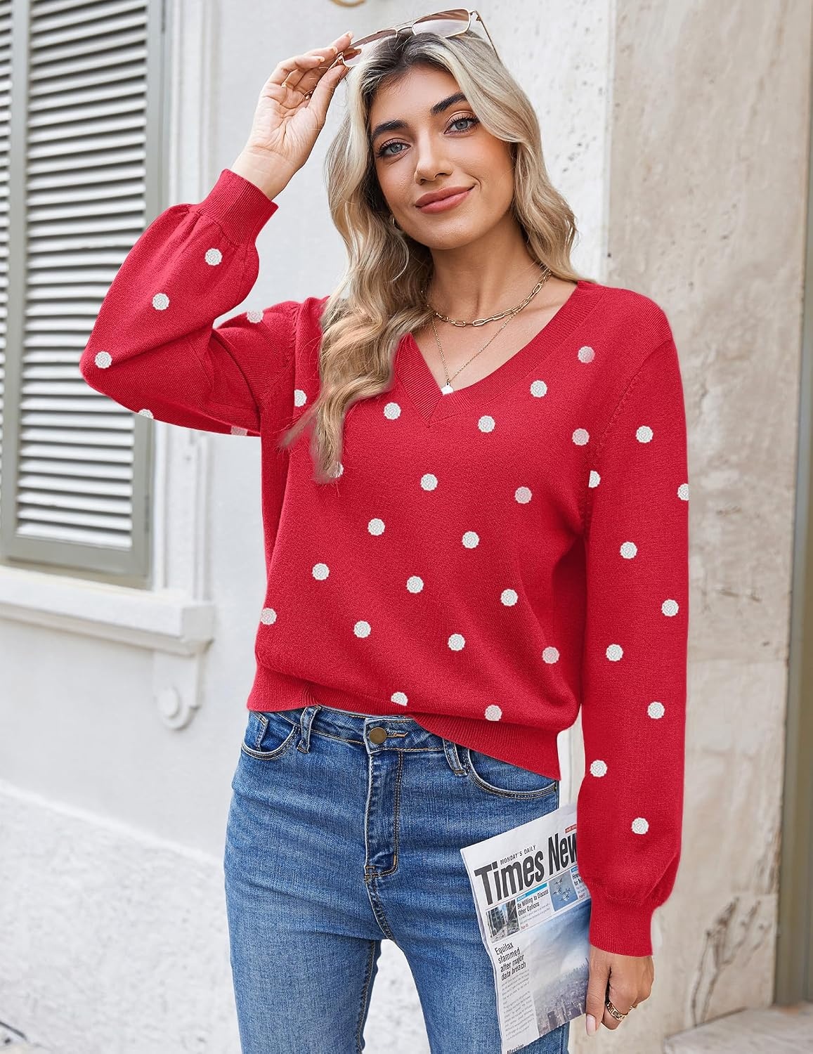 image:imageZeagoo Women VNeck Cropped Sweater Fall Long Sleeve Knit Pullover TopsDot Red