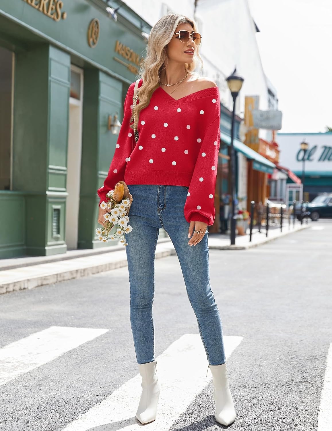 image:imageZeagoo Women VNeck Cropped Sweater Fall Long Sleeve Knit Pullover TopsDot Red
