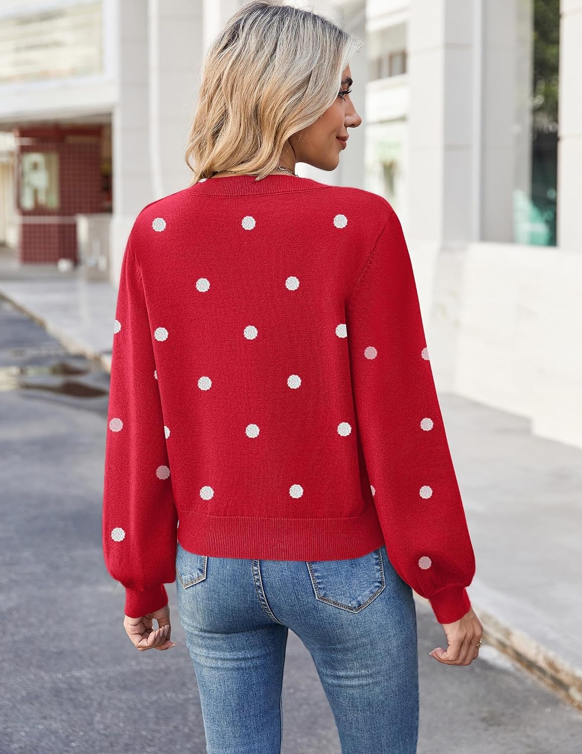 image:imageZeagoo Women VNeck Cropped Sweater Fall Long Sleeve Knit Pullover TopsDot Red