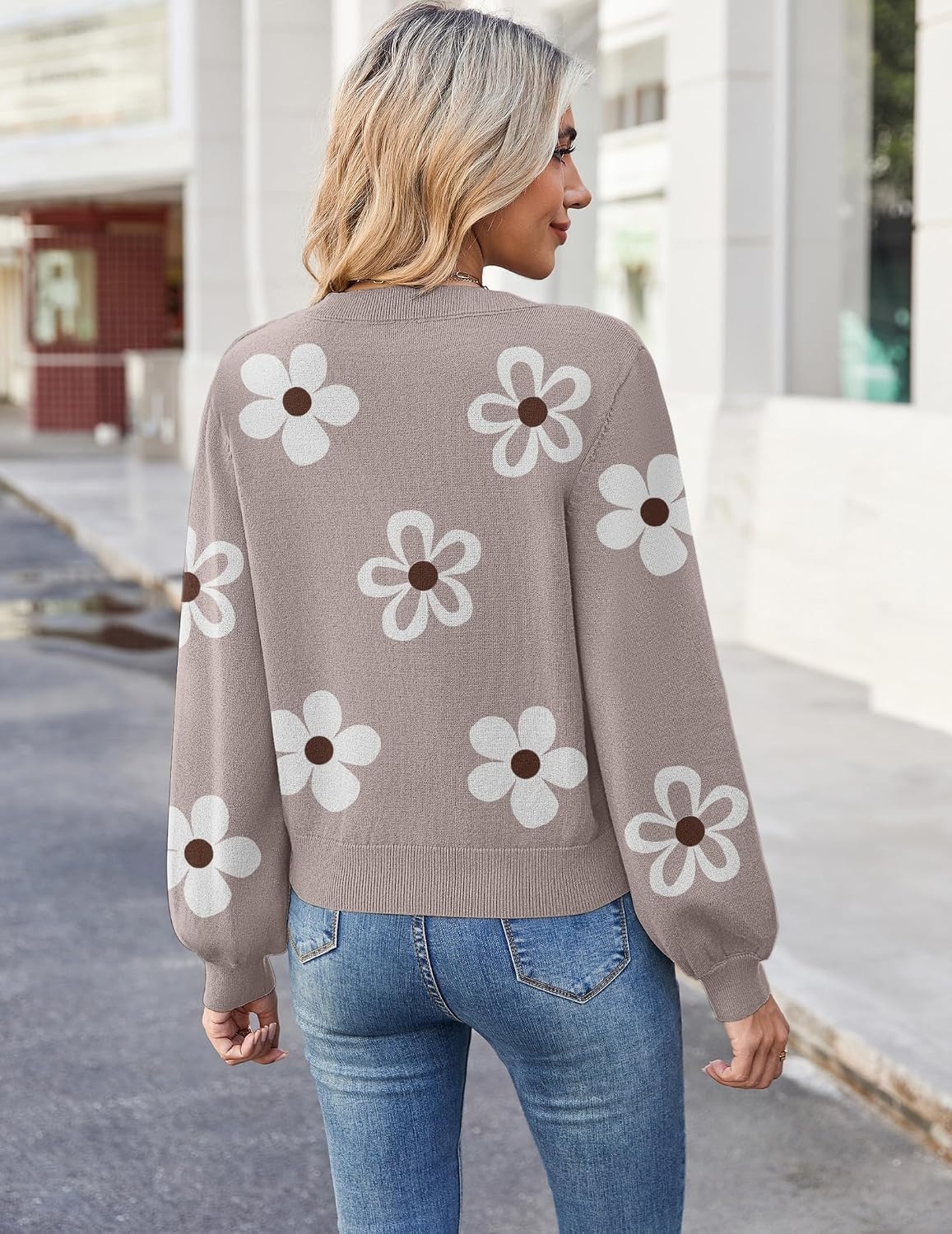 image:imageZeagoo Women VNeck Cropped Sweater Fall Long Sleeve Knit Pullover TopsFlower White