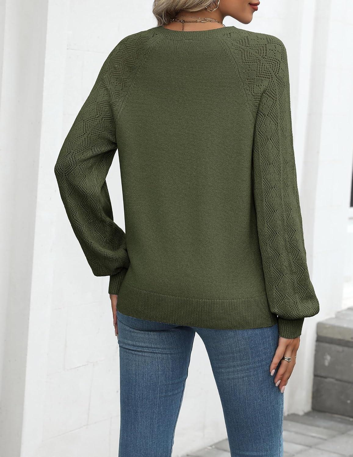 image:imageZeagoo Womens 2026 Fall Sweaters Casual Long Sleeve V Neck Loose Lightweight Crochet Knit Pullover Sweater TopsArmy Green