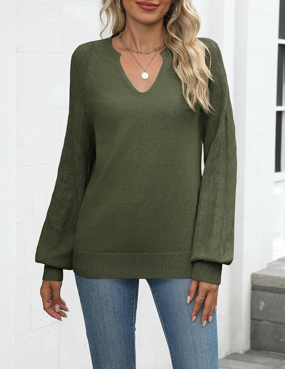 image:imageZeagoo Womens 2026 Fall Sweaters Casual Long Sleeve V Neck Loose Lightweight Crochet Knit Pullover Sweater TopsArmy Green