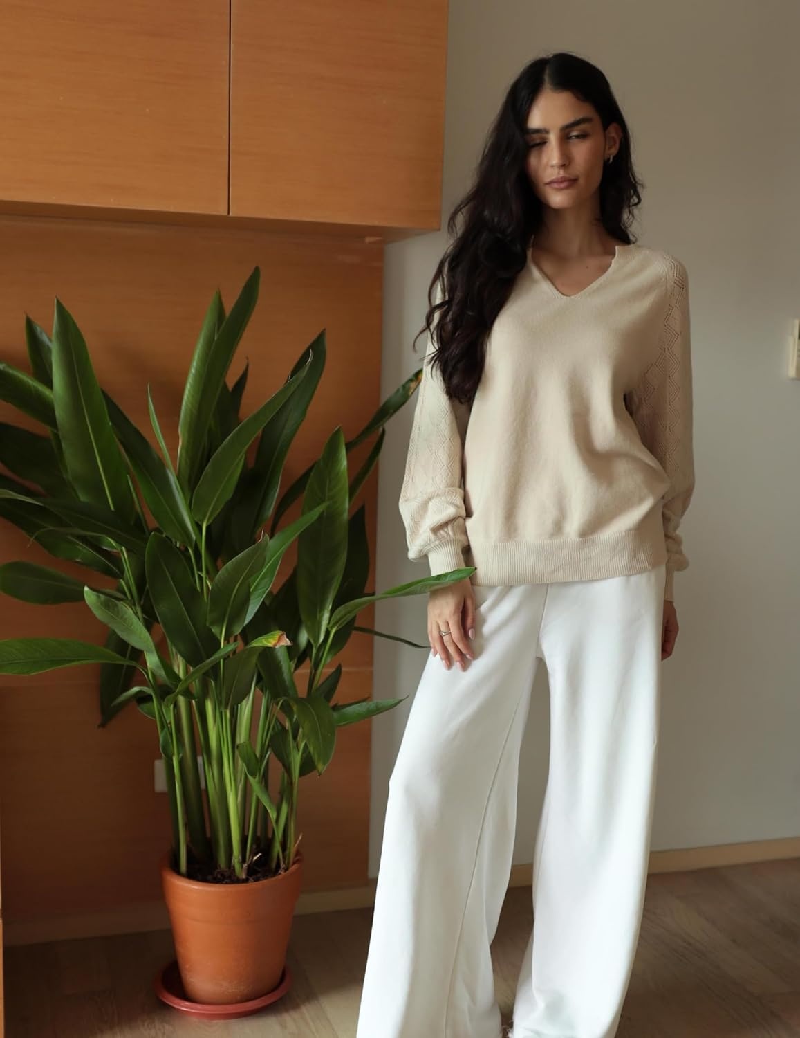 image:imageZeagoo Womens 2026 Fall Sweaters Casual Long Sleeve V Neck Loose Lightweight Crochet Knit Pullover Sweater TopsBeige
