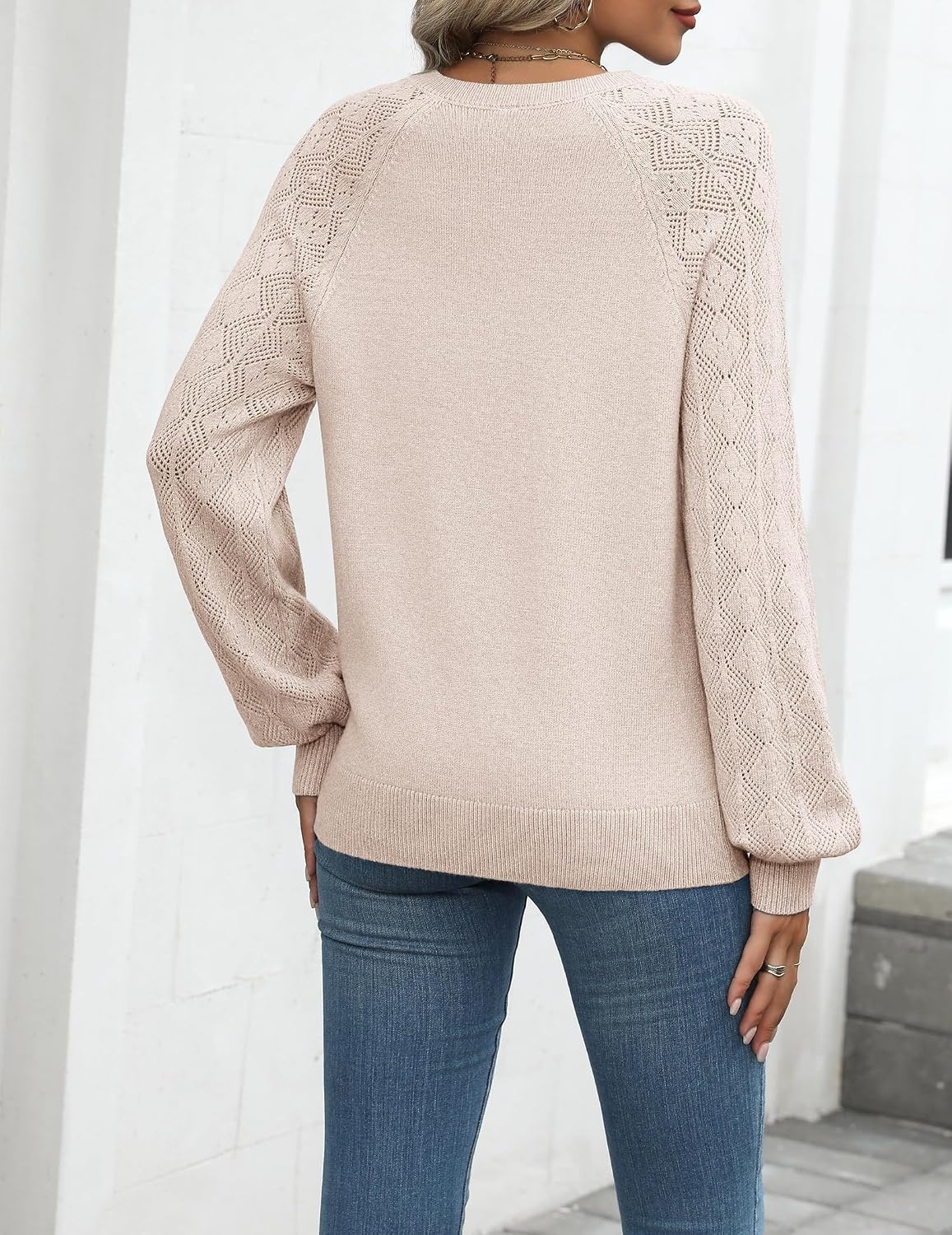 image:imageZeagoo Womens 2026 Fall Sweaters Casual Long Sleeve V Neck Loose Lightweight Crochet Knit Pullover Sweater TopsBeige