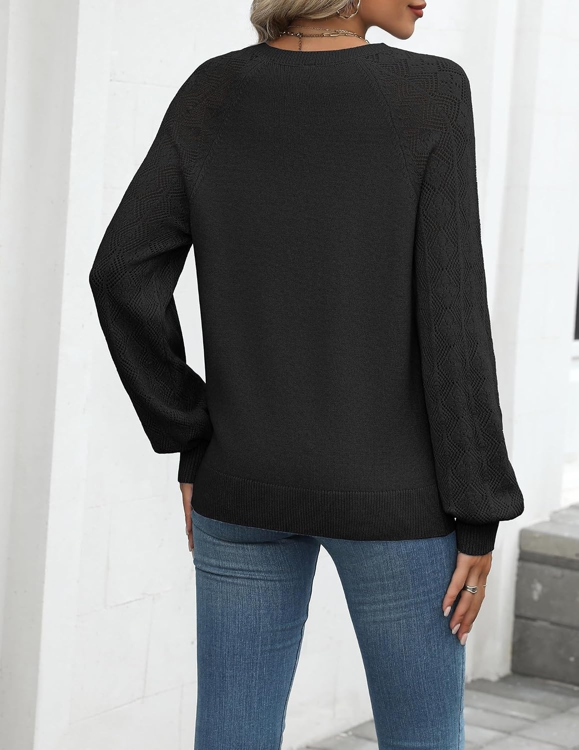 image:imageZeagoo Womens 2026 Fall Sweaters Casual Long Sleeve V Neck Loose Lightweight Crochet Knit Pullover Sweater TopsBlack