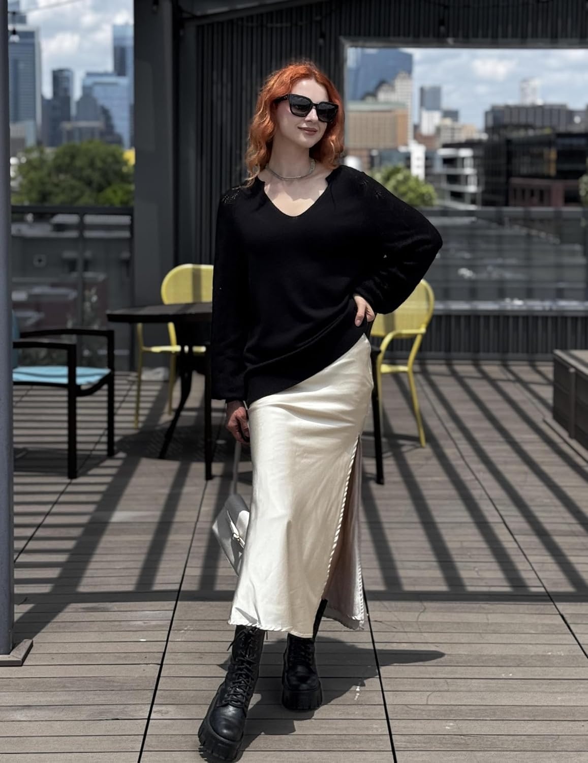 image:imageZeagoo Womens 2026 Fall Sweaters Casual Long Sleeve V Neck Loose Lightweight Crochet Knit Pullover Sweater TopsBlack