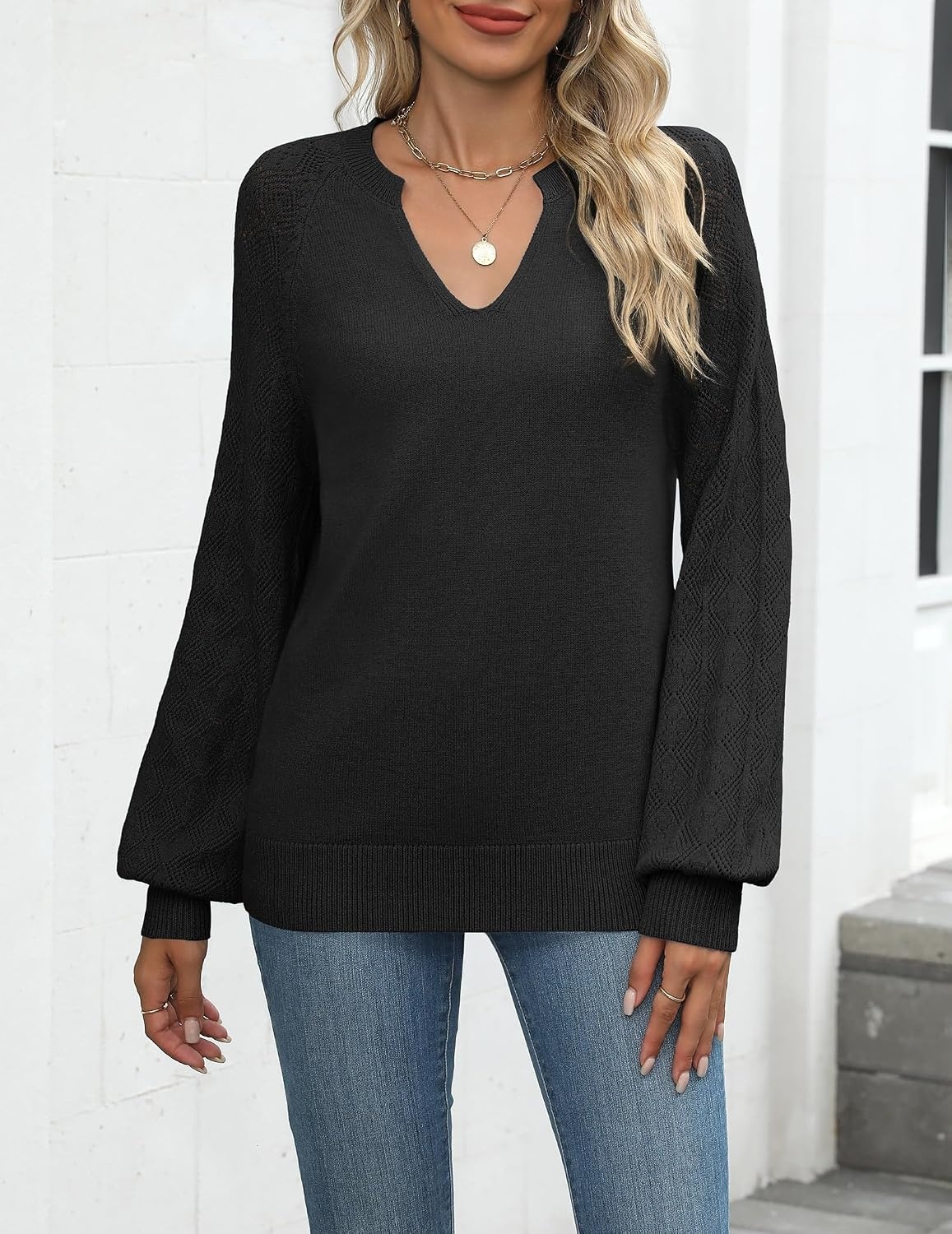 image:imageZeagoo Womens 2026 Fall Sweaters Casual Long Sleeve V Neck Loose Lightweight Crochet Knit Pullover Sweater TopsBlack